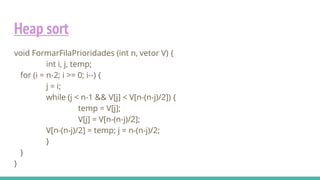 Heap sort
void FormarFilaPrioridades (int n, vetor V) {
int i, j, temp;
for (i = n-2; i >= 0; i--) {
j = i;
while (j < n-1 && V[j] < V[n-(n-j)/2]) {
temp = V[j];
V[j] = V[n-(n-j)/2];
V[n-(n-j)/2] = temp; j = n-(n-j)/2;
}
}
}
 