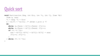 Quick sort
void Particao(int Esq, int Dir, int *i, int *j, Item *A){
Item x, aux;
*i = Esq; *j = Dir;
x = A[(*i + *j)/2]; /* obtem o pivo x */
do{
while (x.Chave > A[*i].Chave) (*i)++;
while (x.Chave < A[*j].Chave) (*j)--;
if (*i <= *j){
aux = A[*i]; A[*i] = A[*j]; A[*j] = aux;
(*i)++; (*j)--;
}
} while (*i <= *j);
}
 