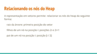 Relacionando os nós do Heap
A representação em vetores permite relacionar os nós do heap da seguinte
forma:
raiz da árvore: primeira posição do vetor
filhos de um nó na posição i: posições 2i e 2i+1
pai de um nó na posição i: posição [i / 2]
 