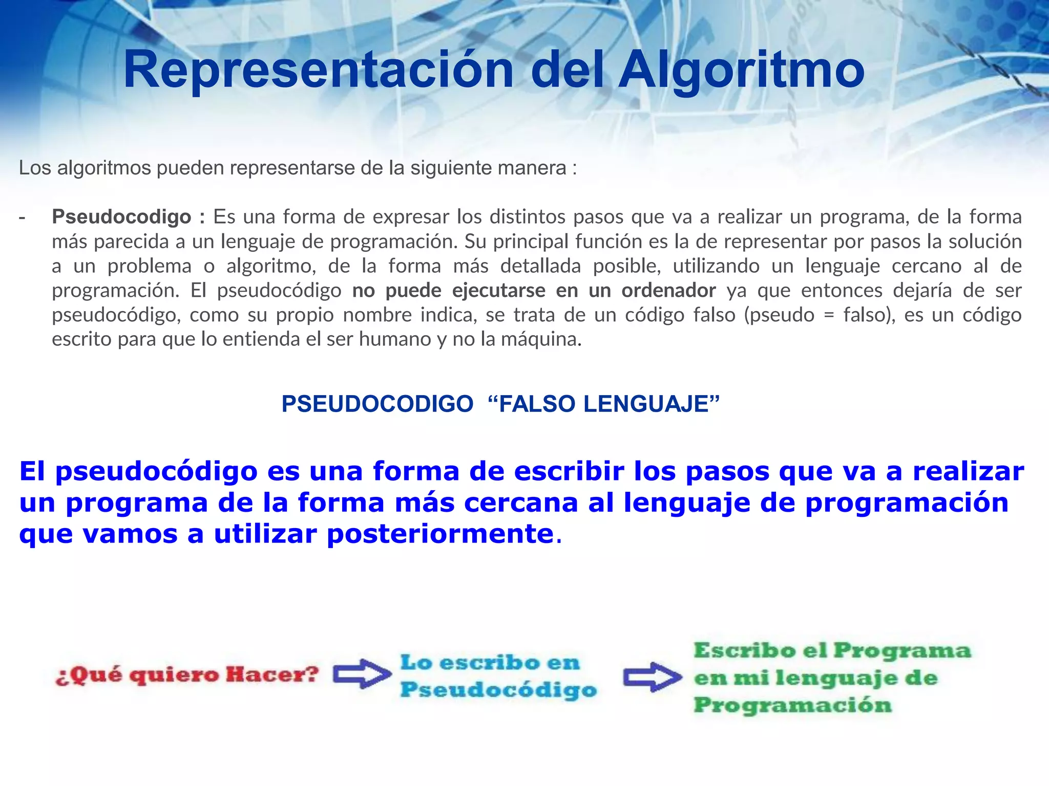 Representación del Algoritmo
Los algoritmos pueden representarse de la siguiente manera :
- Pseudocodigo : Es una forma de expresar los distintos pasos que va a realizar un programa, de la forma
más parecida a un lenguaje de programación. Su principal función es la de representar por pasos la solución
a un problema o algoritmo, de la forma más detallada posible, utilizando un lenguaje cercano al de
programación. El pseudocódigo no puede ejecutarse en un ordenador ya que entonces dejaría de ser
pseudocódigo, como su propio nombre indica, se trata de un código falso (pseudo = falso), es un código
escrito para que lo entienda el ser humano y no la máquina.
PSEUDOCODIGO “FALSO LENGUAJE”
El pseudocódigo es una forma de escribir los pasos que va a realizar
un programa de la forma más cercana al lenguaje de programación
que vamos a utilizar posteriormente.
 