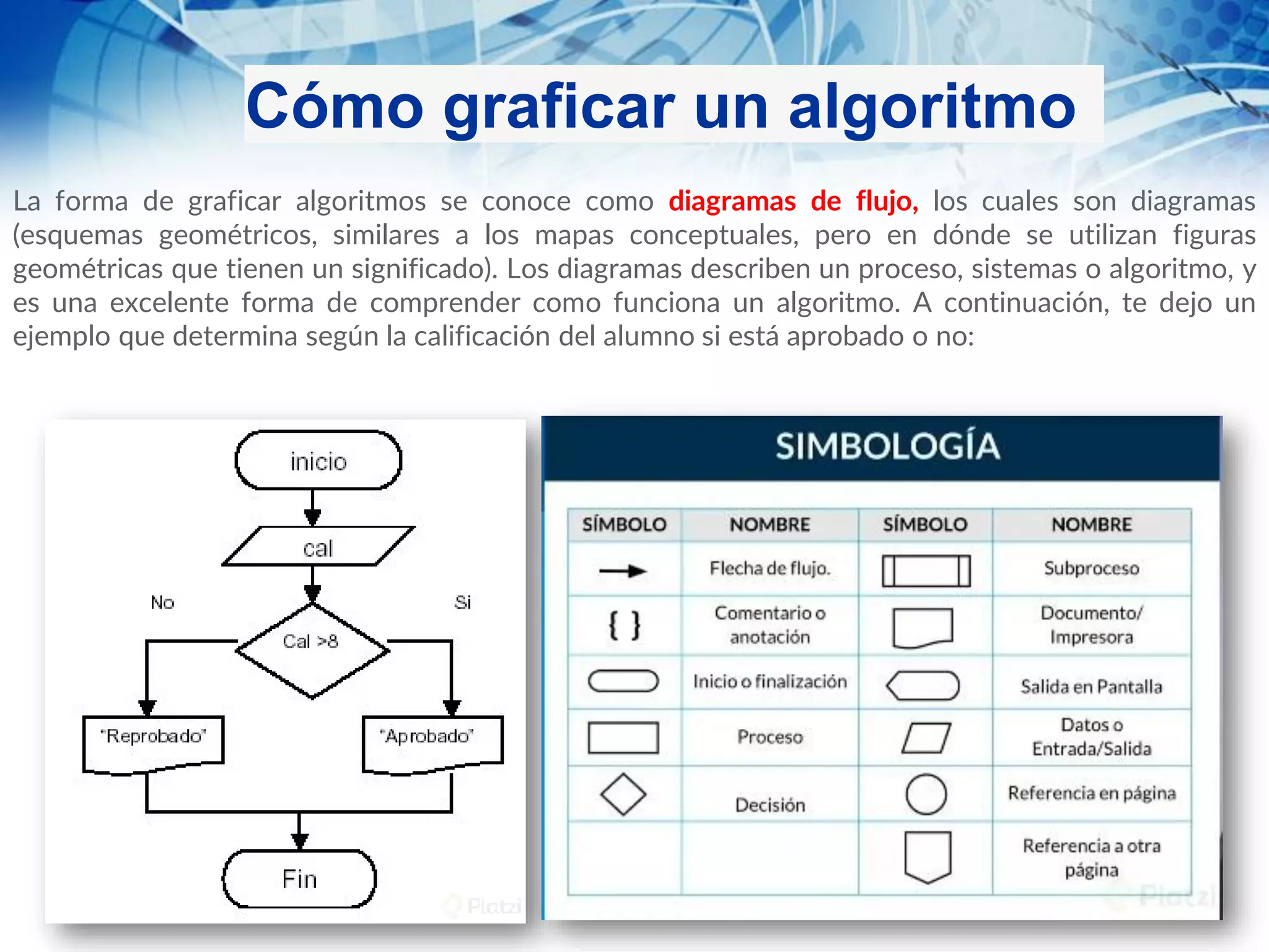 Cómo graficar un algoritmo
La forma de graficar algoritmos se conoce como diagramas de flujo, los cuales son diagramas
(esquemas geométricos, similares a los mapas conceptuales, pero en dónde se utilizan figuras
geométricas que tienen un significado). Los diagramas describen un proceso, sistemas o algoritmo, y
es una excelente forma de comprender como funciona un algoritmo. A continuación, te dejo un
ejemplo que determina según la calificación del alumno si está aprobado o no:
 