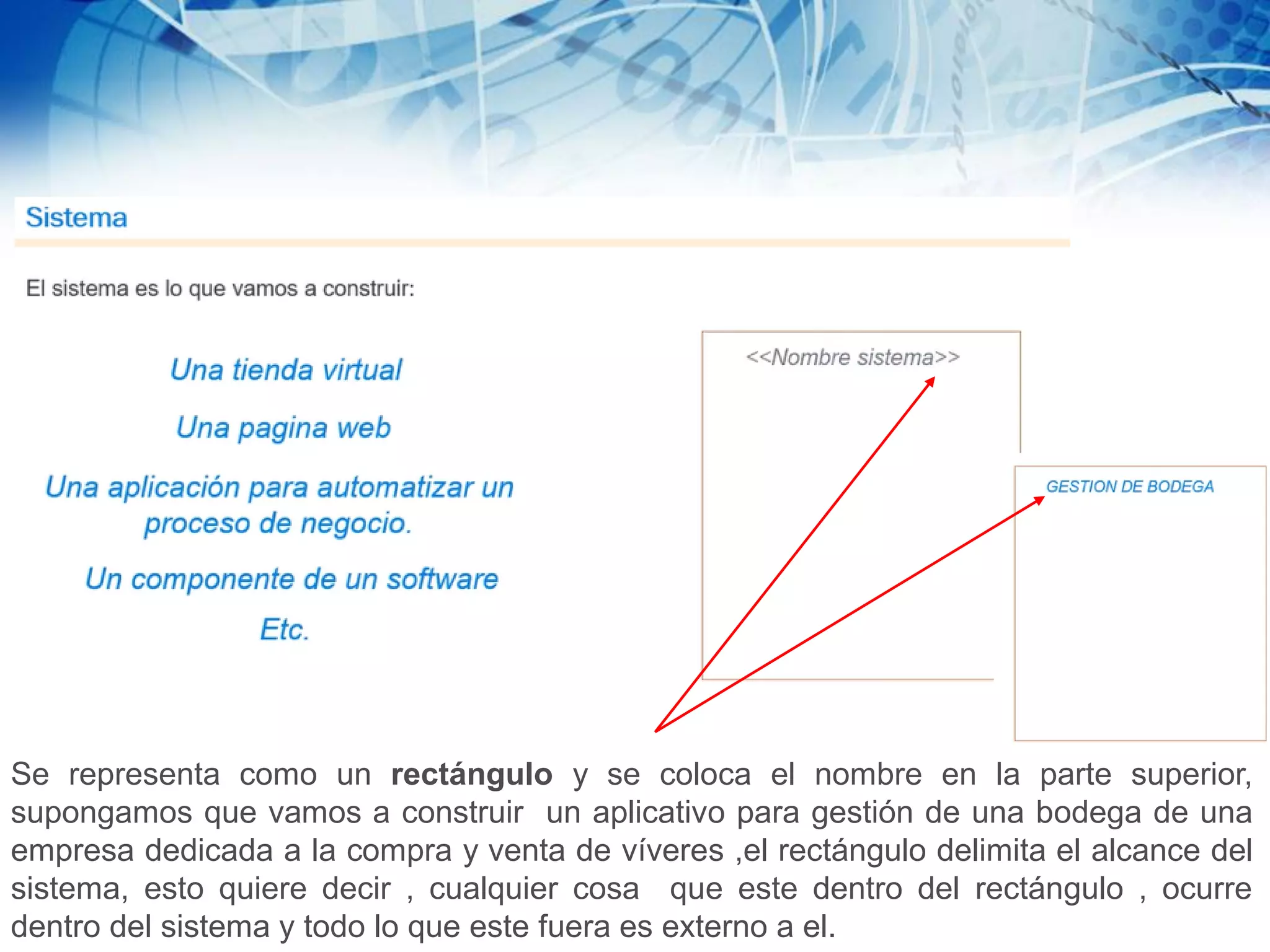 Se representa como un rectángulo y se coloca el nombre en la parte superior,
supongamos que vamos a construir un aplicativo para gestión de una bodega de una
empresa dedicada a la compra y venta de víveres ,el rectángulo delimita el alcance del
sistema, esto quiere decir , cualquier cosa que este dentro del rectángulo , ocurre
dentro del sistema y todo lo que este fuera es externo a el.
 
