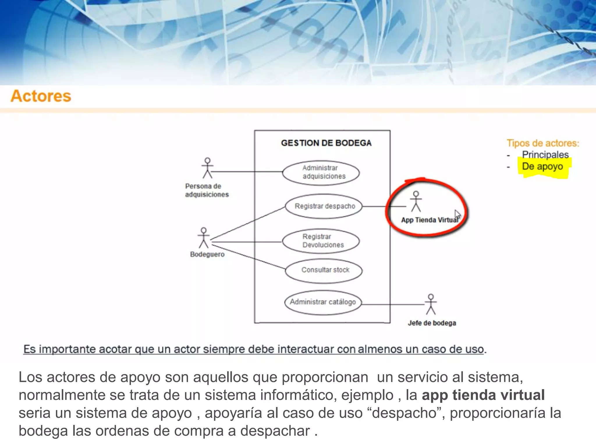 Los actores de apoyo son aquellos que proporcionan un servicio al sistema,
normalmente se trata de un sistema informático, ejemplo , la app tienda virtual
seria un sistema de apoyo , apoyaría al caso de uso “despacho”, proporcionaría la
bodega las ordenas de compra a despachar .
 
