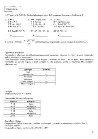 ATIVIDADES 4


1) 5 Variáveis(A, B, C, D e R) são declaradas no inicio de 3 programas. Encontre os 3 valores de R :

a) A  5;                    b) A Length(Casa);         c) A = 3.6;
   B  A * 3;                   B  Sqr(A);                 B  Sqr(Trunc(A));
   C  A + (B / 3);             C  (B / A) + 10;           C  Round(A) * B;
   D  Sqr(C) / A;              D  C / Sqrt(A);            D  Sqrt(C) + Round(A);

    R  Sqrt(D+A) * A;          R ((A + B) / D) + C;        R (D * B) / C;

      R: ____________              R: ____________                R: ____________

                       − b + b 2 − 4ac
2) Escreva a Fórmula                   em linguagem de programação, usando os operadores aritméticos.
                             2a



Operadores Relacionais
Os operadores relacionais são utilizados para comparar caracteres e números. Os valores a serem comparados
podem ser caracteres ou variáveis.
Estes operadores sempre retornam valores lógicos (verdadeiro ou falso/ True ou False) Para estabelecer
prioridades no que diz respeito a qual operação executar primeiro, utilize os parênteses. Os operadores
relacionais são:

                      Descrição                Símbolo
                         Igual                    =
                     Diferente de                <>
                      Maior que                   >
                      Menor que                   <
                    Maior ou igual a             >=
                    Menor ou igual a             <=


Exemplo:
Tendo duas variáveis A=5 e B=3

Os resultados das expressões seriam:
    Expressão              Resultado
      A=B                    Falso
      A<>B                 Verdadeiro
      A>B                  Verdadeiro
      A<B                    Falso
      A>=B                 Verdadeiro
      A<=B                   Falso

Operadores Lógicos
Os operadores lógicos servem para combinar resultados de expressões, retornando se o resultado final é
verdadeiro ou falso.
Os operadores lógicos são: E / AND ; OU / OR ; NOT

                                                                                                         10
 