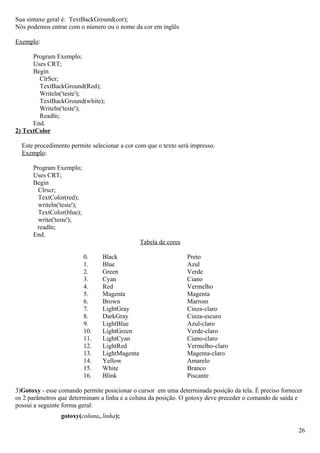 Sua sintaxe geral é: TextBackGround(cor);
Nós podemos entrar com o número ou o nome da cor em inglês

Exemplo:

      Program Exemplo;
      Uses CRT;
      Begin
        ClrScr;
        TextBackGround(Red);
        Writeln('teste');
        TextBackGround(white);
        Writeln('teste');
        Readln;
      End.
2) TextColor

  Este procedimento permite selecionar a cor com que o texto será impresso.
  Exemplo:

      Program Exemplo;
      Uses CRT;
      Begin
        Clrscr;
        TextColor(red);
        writeln('teste');
        TextColor(blue);
        write('teste');
       readln;
      End.
                                                 Tabela de cores

                            0.    Black                            Preto
                            1.    Blue                             Azul
                            2.    Green                            Verde
                            3.    Cyan                             Ciano
                            4.    Red                              Vermelho
                            5.    Magenta                          Magenta
                            6.    Brown                            Marrom
                            7.    LightGray                        Cinza-claro
                            8.    DarkGray                         Cinza-escuro
                            9.    LightBlue                        Azul-claro
                            10.   LightGreen                       Verde-claro
                            11.   LightCyan                        Ciano-claro
                            12.   LightRed                         Vermelho-claro
                            13.   LightMagenta                     Magenta-claro
                            14.   Yellow                           Amarelo
                            15.   White                            Branco
                            16.   Blink                            Piscante

3)Gotoxy - esse comando permite posicionar o cursor em uma determinada posição da tela. É preciso fornecer
os 2 parâmetros que determinam a linha e a coluna da posição. O gotoxy deve preceder o comando de saída e
possui a seguinte forma geral:
                gotoxy(coluna, linha);

                                                                                                        26
 