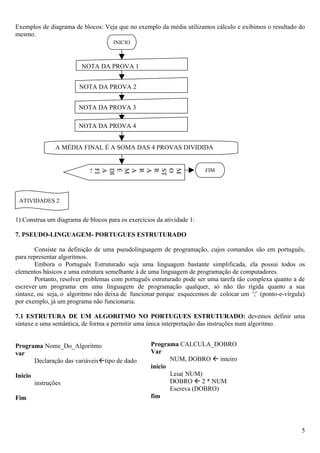 Exemplos de diagrama de blocos: Veja que no exemplo da média utilizamos cálculo e exibimos o resultado do
mesmo.
                                     INICIO



                         NOTA DA PROVA 1


                        NOTA DA PROVA 2


                        NOTA DA PROVA 3

                        NOTA DA PROVA 4


                 A MÉDIA FINAL É A SOMA DAS 4 PROVAS DIVIDIDA
                 POR 4

                                                                       FIM
                      L
                      A
                      N
                      FI
                      A
                      DI
                      É
                      M
                      A
                      R
                      A
                      R
                      ST
                      O
                      M


 ATIVIDADES 2


1) Construa um diagrama de blocos para os exercícios da atividade 1:

7. PSEUDO-LINGUAGEM- PORTUGUES ESTRUTURADO

       Consiste na definição de uma pseudolinguagem de programação, cujos comandos são em português,
para representar algoritmos.
       Embora o Português Estruturado seja uma linguagem bastante simplificada, ela possui todos os
elementos básicos e uma estrutura semelhante à de uma linguagem de programação de computadores.
       Portanto, resolver problemas com português estruturado pode ser uma tarefa tão complexa quanto a de
escrever um programa em uma linguagem de programação qualquer, só não tão rígida quanto a sua
sintaxe, ou seja, o algoritmo não deixa de funcionar porque esquecemos de colocar um ';' (ponto-e-vírgula)
por exemplo, já um programa não funcionaria.

7.1 ESTRUTURA DE UM ALGORITMO NO PORTUGUES ESTRUTURADO: devemos definir uma
sintaxe e uma semântica, de forma a permitir uma única interpretação das instruções num algoritmo.


Programa Nome_Do_Algoritmo                         Programa CALCULA_DOBRO
var                                                Var
      Declaração das variáveistipo de dado               NUM, DOBRO  inteiro
                                                   início
Início                                                    Leia( NUM)
         instruções                                       DOBRO  2 * NUM
                                                          Escreva (DOBRO)
Fim                                                fim




                                                                                                        5
 