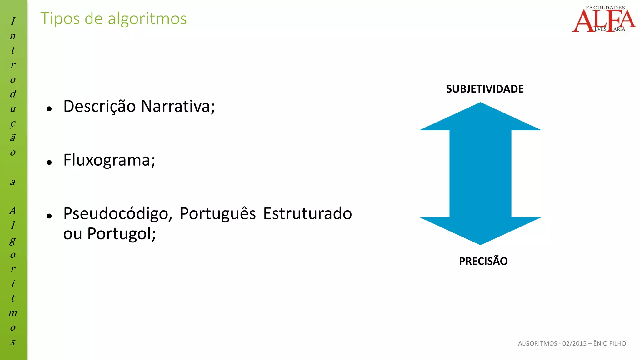 I
n
t
r
o
d
u
ç
ã
o
a
A
l
g
o
r
i
t
m
o
s ALGORITMOS - 02/2015 – ÊNIO FILHO
Tipos de algoritmos
⚫ Descrição Narrativa;
⚫ Fluxograma;
⚫ Pseudocódigo, Português Estruturado
ou Portugol;
SUBJETIVIDADE
PRECISÃO
 