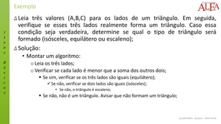 I
t
e
n
s
B
á
s
i
c
o
s
ALGORITMOS - 02/2015 – ÊNIO FILHO
Exemplo
Δ Leia três valores (A,B,C) para os lados de um triângulo. Em seguida,
verifique se esses três lados realmente forma um triângulo. Caso essa
condição seja verdadeira, determine se qual o tipo de triângulo será
formado (isósceles, equilátero ou escaleno);
Δ Solução:
• Montar um algoritmo:
oLeia os três lados;
oVerificar se cada lado é menor que a soma dos outros dois;
▪ Se sim, verificar se os três lados são iguais (equilátero);
✓Se não, verificar se dois lados são iguais (isósceles);
• Se não, o triângulo é escaleno;
▪ Se não, não é um triângulo. Avisar que não formam um triângulo;
 