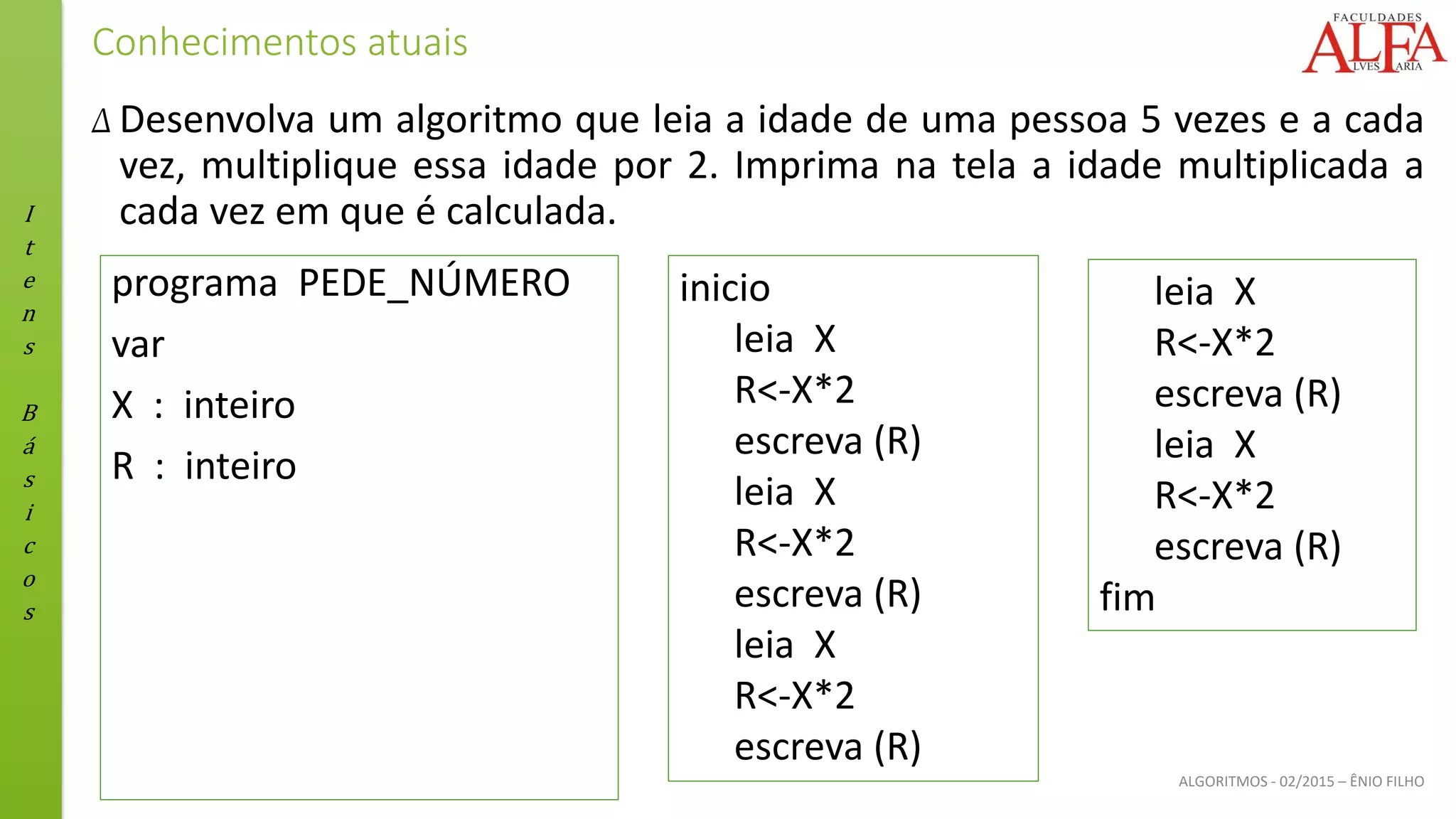 I
t
e
n
s
B
á
s
i
c
o
s
ALGORITMOS - 02/2015 – ÊNIO FILHO
Conhecimentos atuais
Δ Desenvolva um algoritmo que leia a idade de uma pessoa 5 vezes e a cada
vez, multiplique essa idade por 2. Imprima na tela a idade multiplicada a
cada vez em que é calculada.
programa PEDE_NÚMERO
var
X : inteiro
R : inteiro
inicio
leia X
R<-X*2
escreva (R)
leia X
R<-X*2
escreva (R)
leia X
R<-X*2
escreva (R)
leia X
R<-X*2
escreva (R)
leia X
R<-X*2
escreva (R)
fim
 