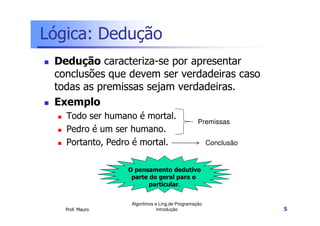 Lógica: Dedução
 Dedução caracteriza-se por apresentar
 conclusões que devem ser verdadeiras caso
 todas as premissas sejam verdadeiras.
 Exemplo
   Todo ser humano é mortal.
                                                Premissas
   Pedro é um ser humano.
   Portanto, Pedro é mortal.                         Conclusão


                 O pensamento dedutivo
                  parte do geral para o
                        particular.


                  Algoritmos e Ling.de Programação
   Prof. Mauro                Introdução                         5
 