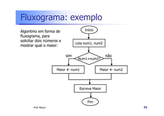Fluxograma: exemplo
Algoritmo em forma de                       Início
fluxograma, para
solicitar dois números e
                                    Leia num1, num2
mostrar qual o maior:

                             sim                                não
                                      Num1>num2?


                     Maior     num1                      Maior        num2




                                       Escreva Maior


                                              Fim
                             Algoritmos e Ling.de Programação
       Prof. Mauro                       Introdução                          55
 