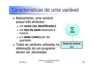 Características de uma variável
 Basicamente, uma variável
 possui três atributos:
   um nome (ou identificador)                             tipo
   um tipo de dado associado à                             de
                                                          dado
   mesma
   e o dado (valor) por ela
   guardado.
                                                    Nome da variável
 Todas as variáveis utilizadas na
                                                          valor
 elaboração de um programa
 devem ser declaradas.

                 Algoritmos e Ling.de Programação
   Prof. Mauro             Fundamentos                                 13
 