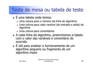 Teste de mesa ou tabela de teste
 É uma tabela onde temos:
   Uma coluna para o número da linha do algoritmo
   Uma coluna para cada variável (de entrada e saída) do
   algoritmo
   Uma coluna para comentários
 A cada linha do algoritmo, preenchemos a tabela
 com o valor das variáveis e comentário do
 ocorrido
 É útil para analisar o funcionamento de um
 algoritmo pequeno ou fragmento de um
 algoritmo maior

                  Algoritmos e Ling.de Programação
   Prof. Mauro              Pseudocódigo              16
 