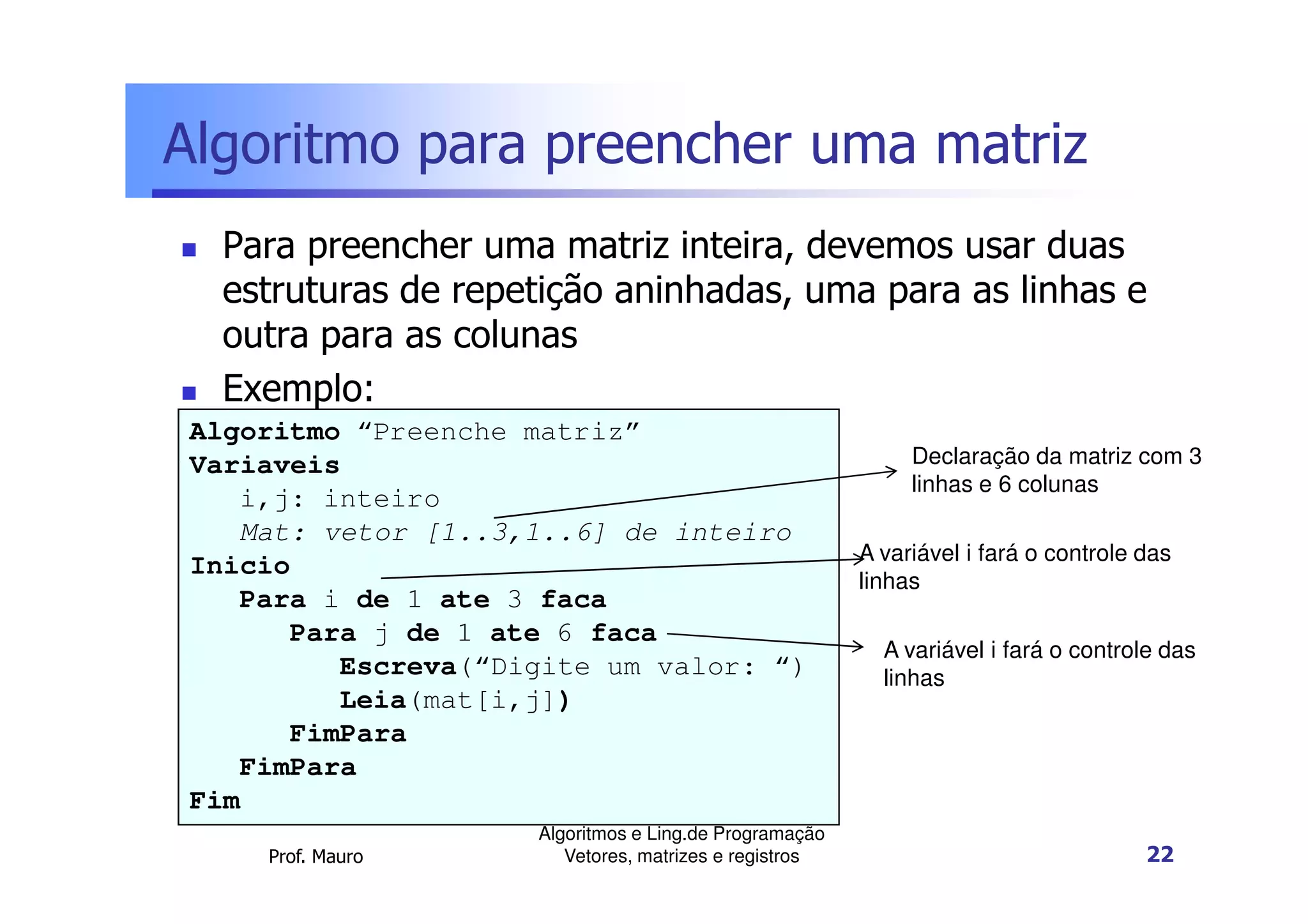 Algoritmos e lp parte 4-vetores matrizes e registros | PPT
