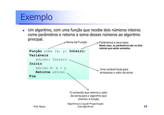 Exemplo
Um algoritmo, com uma função que recebe dois números inteiros
como parâmetros e retorna a soma desses números ao algoritmo
principal.
Nome da Função

Parâmetros e seus tipos

Neste caso, os parâmetros são os dois
valores que serão somados.

Função soma (x, y: Inteiro)
Variáveis
adicao: Inteiro
Início
adicao ← x + y
Retorne adicao
Fim

Uma variável local para
armazenar o valor da soma

O comando que retorna o valor
da soma para o algoritmo que
chamou a função
Prof. Mauro

Algoritmos e Ling.de Programação
Sub-algoritmos

16

 