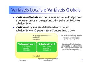 Variáveis Locais e Variáveis Globais
Variáveis Globais são declaradas no início do algoritmo
e pode ser usadas no algoritmo principal e por todos os
subalgoritmos.
Variáveis Locais são definidas dentro de um
subalgoritmo e só podem ser utilizadas dentro dele.
As variáveis A e B são globais
e podem ser usadas por
qualquer subalgoritmo

A, B: Real
instrução 1
instrução 2

Subalgoritmo 1

Subalgoritmo 2

X, Y: Inteiro
instrução 1
instrução 2

num: Inteiro
instrução 1
instrução 2

As variáveis X e Y só podem
ser utilizadas no subalgoritmo
1 e a variável num só pode ser
utilizada no subalgoritmo 2.

instrução 3
Prof. Mauro

Algoritmos e Ling.de Programação
Sub-algoritmos

7

 
