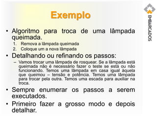 Exemplo
• Algoritmo para troca de uma lâmpada
queimada.
1. Remova a lâmpada queimada
2. Coloque um a nova lâmpada
• Detalhando ou refinando os passos:
– Vamos trocar uma lâmpada de rosquear. Se a lâmpada está
queimada não é necessário fazer o teste se está ou não
funcionando. Temos uma lâmpada em casa igual àquela
que queimou – tensão e potência. Temos uma lâmpada
para trocar pela outra. Temos uma escada para auxiliar na
troca.
• Sempre enumerar os passos a serem
executados.
• Primeiro fazer a grosso modo e depois
detalhar.
 