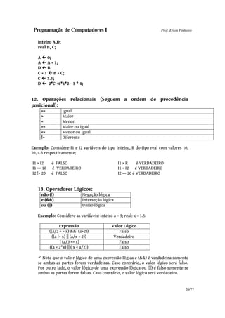 Programação de Computadores I Prof. Erlon Pinheiro
20/77
inteiro A,D;
real B, C;
A 0;
A A + 1;
D B;
C + 1 B + C;
C 3.5;
D 2*C +6*6*2 - 3 * 4;
12. Operações relacionais (Seguem a ordem de precedência
posicional):
== Igual
> Maior
< Menor
>= Maior ou igual
<= Menor ou igual
!= Diferente
Exemplo: Considere I1 e I2 variáveis do tipo inteiro, R do tipo real com valores 10,
20, 4.5 respectivamente;
I1 > I2 é FALSO I1 > R é VERDADEIRO
I1 == 10 é VERDADEIRO I1 < I2 é VERDADEIRO
I2 != 20 é FALSO I2 == 20 é VERDADEIRO
13. Operadores Lógicos:
não (!) Negação lógica
e (&&) Interseção lógica
ou (||) União lógica
Exemplo: Considere as variáveis: inteiro a = 3; real: x = 1.5:
Expressão Valor Lógico
((a/2 = = x) && (a>2)) Falso
((a != x) || (a/x < 2)) Verdadeiro
! (a/3 <= x) Falso
((a < 2*x) || ( x < a/2)) Falso
Note que o valo r lógico de uma expressão lógica e (&&) é verdadeira somente
se ambas as partes forem verdadeiras. Caso contrário, o valor lógico será falso.
Por outro lado, o valor lógico de uma expressão lógica ou (||) é falso somente se
ambas as partes forem falsas. Caso contrário, o valor lógico será verdadeiro.
 