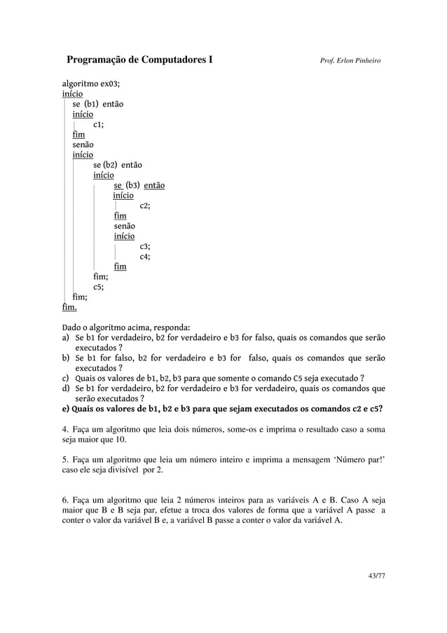 Algoritmos em portugol | PDF