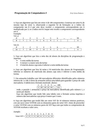 Programação de Computadores I Prof. Erlon Pinheiro
76/77
4. Faça um algoritmo que leia um vetor A de 100 componentes. Construa um vetor B, do
mesmo tipo do vetor A, observando a seguinte lei de formação: se o índice do
componente em B é par este deve receber o componente correspondente em A
multiplicado por 2; se o índice em B é impar este recebe o componente correspondente
em A.
Exemplo:
Vet_a:
0 1 2 3 4 5 6 ... ... 99
8 7 5 9 6 9 1 4
Vet_b:
0 1 2 3 4 5 6 ... ... 99
16 7 10 9 12 9 2 4
5. Faça um algoritmo que leia a nota dos 60 alunos da disciplina de programação e
imprima:
• A nota média da turma
• A menor e a maior nota da turma
• O total de alunos cuja nota é inferior a nota média da turma
6. Faça um algoritmo que leia 50 notas e 50 matrículas dos alunos de Programação.
Informe os números de matrícula dos alunos cuja nota é inferior à nota média da
turma.
7. Um armazém trabalha com 100 mercadorias diferentes identificadas pelos números
inteiros de 1 a 100. O dono do armazém utiliza uma tabela para guardar o preço de cada
mercadoria. A tabela tem o formato mostrado abaixo:
1 2 3 4 5 ... 100
5 20 10 8 54 ... 4.5
onde, a posição 1 armazena o preço da mercadoria identificada pelo número 1, e
assim por diante.
Faça um algoritmo que tendo lido uma tabela com o formato acima imprima o
número das mercadorias cujo preço é maior que 5 reais.
8. Faça um algoritmo que tendo lido um vetor VET de 10 números inteiros positivos,
crie um novo vetor VETPAR com os elementos pares do vetor VET. Antes de preencher
o vetor VETPAR com os números pares de VET faça com que todos os componentes de
VETPAR recebam o valor zero.
Exemplo:
0 1 2 3 4 5 6 7 8 9
Vetor VET = 2 9 7 5 10 4 3 1 6 21
 