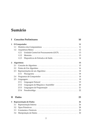 Sumário
I

Conceitos Preliminares

10

1

O Computador
1.1 Histórico dos Computadores . . . . . . . . . . . .
1.2 Arquitetura Básica . . . . . . . . . . . . . . . . . .
1.2.1 Unidade Central de Processamento (UCP).
1.2.2 Memória . . . . . . . . . . . . . . . . . . . .
1.2.3 Dispositivos de Entrada e de Saída . . . . .

.
.
.
.
.

11
11
12
13
13
14

.
.
.
.
.
.
.
.
.
.

15
15
16
18
18
18
18
19
20
21
22

2

II
3

Algoritmos
2.1 Conceito de Algortimo . . . . . . . . . . . . .
2.2 Partes de Um Algoritmo . . . . . . . . . . . .
2.3 Representações de um Algoritmo . . . . . . .
2.3.1 Fluxograma . . . . . . . . . . . . . . .
2.4 Programas de Computador . . . . . . . . . .
2.5 Linguagens . . . . . . . . . . . . . . . . . . . .
2.5.1 Linguagem Natural . . . . . . . . . .
2.5.2 Linguagem de Máquina e Assembler
2.5.3 Linguagens de Programação . . . . .
2.5.4 Pseudocódigo . . . . . . . . . . . . . .

.
.
.
.
.
.
.
.
.
.

.
.
.
.
.
.
.
.
.
.

.
.
.
.
.
.
.
.
.
.

.
.
.
.
.

.
.
.
.
.
.
.
.
.
.

.
.
.
.
.

.
.
.
.
.
.
.
.
.
.

.
.
.
.
.

.
.
.
.
.
.
.
.
.
.

.
.
.
.
.

.
.
.
.
.
.
.
.
.
.

.
.
.
.
.

.
.
.
.
.
.
.
.
.
.

.
.
.
.
.

.
.
.
.
.
.
.
.
.
.

.
.
.
.
.

.
.
.
.
.
.
.
.
.
.

.
.
.
.
.

.
.
.
.
.
.
.
.
.
.

.
.
.
.
.

.
.
.
.
.
.
.
.
.
.

.
.
.
.
.

.
.
.
.
.
.
.
.
.
.

.
.
.
.
.

.
.
.
.
.
.
.
.
.
.

.
.
.
.
.

.
.
.
.
.
.
.
.
.
.

Dados
Representação de Dados
3.1 Representação Interna
3.2 Tipos Primitivos . . . .
3.3 Constantes e Variáveis
3.4 Manipulação de Dados

25
.
.
.
.

.
.
.
.

.
.
.
.

.
.
.
.

.
.
.
.

.
.
.
.

.
.
.
.
2

.
.
.
.

.
.
.
.

.
.
.
.

.
.
.
.

.
.
.
.

.
.
.
.

.
.
.
.

.
.
.
.

.
.
.
.

.
.
.
.

.
.
.
.

.
.
.
.

.
.
.
.

.
.
.
.

.
.
.
.

.
.
.
.

.
.
.
.

.
.
.
.

.
.
.
.

.
.
.
.

.
.
.
.

.
.
.
.

26
26
28
29
30

 