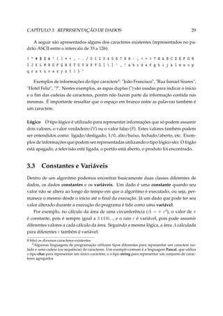 CAPÍTULO 3. REPRESENTAÇÃO DE DADOS

29

A seguir são apresentados alguns dos caracteres existentes (representados no padrão ASCII entre o intervalo de 33 a 126):
!  # $ %  ' ( ) * + , - . / 0 1 2 3 4 5 6 7 8 9 : ;  =  ? @ A B C D E F G H
I J K L M N O P Q R S T U V W X Y Z [  ] ^ _ ` a b c d e f g h i j k l m n o p
q r s t u v w x y z { | } ~

Exemplos de informações do tipo caractere4 : João Francisco, Rua Ismael Soares,
Hotel Feliz, ?. Nestes exemplos, as aspas duplas () são usadas para indicar o início
e o ﬁm das cadeias de caracteres, porém não fazem parte da informação contida nas
mesmas. É importante ressaltar que o espaço em branco entre as palavras também é
um caractere.
Lógico O tipo lógico é utilizado para representar informações que só podem assumir
dois valores, o valor verdadeiro (V) ou o valor falso (F). Estes valores também podem
ser entendidos como: ligado/desligado, 1/0, alto/baixo, fechado/aberto, etc. Exemplos de informações que podem ser representadas utilizando o tipo lógico são: O fogão
está apagado, a televisão está ligada, o portão está aberto, o produto foi encontrado.

3.3

Constantes e Variáveis

Dentro de um algoritmo podemos encontrar basicamente duas classes diferentes de
dados, os dados constantes e os variáveis. Um dado é uma constante quando seu
valor não se altera ao longo do tempo em que o algoritmo é executado, ou seja, permanece o mesmo desde o início até o ﬁnal da execução. Já um dado que pode ter seu
valor alterado durante a execução do programa é tido como uma variável.
Por exemplo, no cálculo da área de uma circunferência (A = π r2 ), o valor de π
é constante, pois é sempre igual a 3.1416..., e o raio r é variável, pois pode assumir
diferentes valores a cada cálculo da área. Seguindo a mesma lógica, a área A calculada
para diferentes r também é variável.
8 bits) os diversos caracteres existentes
4
Algumas linguagens de programação utilizam tipos diferentes para representar um caractere isolado e uma cadeia (ou sequência) de caracteres. Um exemplo comum é a linguagem Pascal, que utiliza
o tipo char para representar um único caractere, e o tipo string para representar um conjunto de caracteres agrupados

 