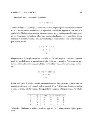 CAPÍTULO 4. EXPRESSÕES

39

Exempliﬁcando, considere a expressão
(2  3) ∧ (5  1).
Tanto a parte (2  3) como (5  1) são verdadeiras, logo a expressão completa também
é. A primeira parte é verdadeira e a segunda é verdadeira, logo toda a expressão é
verdadeira. Na linguagem natural não damos tanta importância para a diferença entre
e e ou. Se uma das partes fosse falsa, toda a expressão, ligadas por e, seria falsa. Outra
maneira de avaliar o valor de uma expressão lógica é substituindo suas subexpressões
por V ou F, assim
(2  3) ∧ (5  1)
V ∧ V
V
O operador ou é complementar ao operador e. Ele indica que a primeira expressão
pode ser verdadeira ou a segunda expressão pode ser verdadeira. Assim, desde que
um dos operandos seja verdadeiro, toda a expressão é verdadeira. Considere a expressão
(5  4) ∨ (12  2)
F ∨ V
V
Existe uma gama ﬁnita de possíveis valores resultantes das operações executadas com
operadores lógicos, pois estes só podem assumir V ou F . O resumo destas operações
é o que se chama tabela-verdade dos operadores lógicos e está apresentada na Tabela
4.4
P
V
V
F
F

Q
V
F
V
F

P ∧Q
V
F
F
F

P ∨Q
V
V
V
F

P ⊕ Q ¬P
F
F
V
F
V
V
F
V

Tabela 4.4: Tabela verdade dos operadores lógicos. P e Q são sentenças lógicas quaisquer.

 
