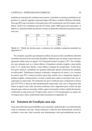 CAPÍTULO 6. ESTRUTURAS DE CONDIÇÃO

50

satisfeita na estrutura de condição mais externa. Considere a estrutura aninhada no algoritmo 11, onde EL signiﬁca expressão lógica, BV bloco verdade e BF bloco falsidade.
Para que BV2 seja executado é necessário que a EL1 juntamente com EL2 sejam verdadeiras. Se EL1 for verdadeira mas EL2 for falsa, então é BF2 quem será executado. A
tabela 6.1, chamada tabela de decisão, mostra as diferentes alternativas possíveis para
este caso.
EL1
V
V
F
F

EL2
V
F
–
–

EL3
–
–
V
F

execução
BV2
BF2
BV3
BF3

Tabela 6.1: Tabela de decisão para a estrutura de condição composta mostrada no
algoritmo 11.
Por exemplo, suponha que desejemos reﬁnar um pouco mais o problema referente
às médias dos alunos de uma dada disciplina. Sabemos que um aluno é aprovado caso
apresente média maior ou igual a 7.0 e frequencia maior ou igual a 75%. Na verdade,
em uma situação real, se o aluno obtiver a frequência minima exigida e uma média
entre 3 e 7, ainda teria direito a uma última avaliação de recuperação. Como faríamos para resolver o problema em questão utilizando apenas estruturas de condição
se-então-senão? Poderíamos começar avaliando a frequencia do aluno, e se a mesma
for menor que 75% o aluno já estaria reprovado, porém caso a frequencia respeite o
mínimo exigido, começariamos a avaliar a média para saber se está aprovado, em recuperação ou reprovado. No momento em que é veriﬁcado que a frequencia é menor
que 0.75 (75%) o aluno já está imediatamente reprovado, mas caso a frequencia seja
maior ou igual a esse valor, devemos continuar com o algoritmo para avaliar em que
situação que o aluno se encontra. Enﬁm, agora é necessário avaliar a média do mesmo,
veriﬁcando se está acima de 7.0 (aprovado), entre 3 e 7.0 (recuperação), ou abaixo de
3.0 (reprovado). Estes condicionais estão mostrados no algoritmo 12.

6.4

Estrutura de Condição caso seja

Uma outra alternativa para trabalhar com comandos condicionados a um determinado
valor é a estrutura caso seja. Nessa estrutura o valor de uma determinada variável é
avaliado e caso esse valor coincida com determinado valor pré-estabelecido um de-

 