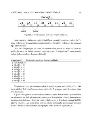 CAPÍTULO 8. VARIÁVEIS COMPOSTAS HOMOGÊNEAS

61

Figura 8.1: Vetor idade[8] com seus valores e índices.
Neste caso será criada uma variável idade[ ] que conterá 8 posições – índices 0 a 7 –
onde poderão ser armazenados números inteiros. Os vetores podem ser de qualquer
tipo alfanumérico.
Cada uma das posições do vetor são referenciadas através do nome do vetor seguido do respecivo índice colocado entre colchetes. O Algoritmo 25 mostra como
deﬁnir todos os valores da variável idade[ ].
Algoritmo 25
1:
2:
3:
4:
5:
6:
7:
8:
9:

var idade[8] int

Deﬁnindo os valores da variável idade.

idade[0] = 23
idade[1] = 22
idade[2] = 18
idade[3] = 34
idade[4] = 23
idade[5] = 21
idade[6] = 25
idade[7] = 39

É importante notar que uma variável de N posições possui índices de 0 a N − 1. Na
variável idade de 8 posições usam-se os índices 0 a 7; qualquer índice fora desta faixa
resulta em erro.
A grade vantagem de se usar índices dentro do nome da variável é a possibilidade
de referenciar um dado elemento do vetor através de um índice variável. Por exemplo,
para imprimir todos os valores da variável idade, ao invés de colocar escreva idade[0],
escreva idade[1], . . ., é muito mais simples colocar a instrução que se repete (no caso
escreva) dentro de uma estrutura de repetição, como mostra o Algoritmo 26.

 