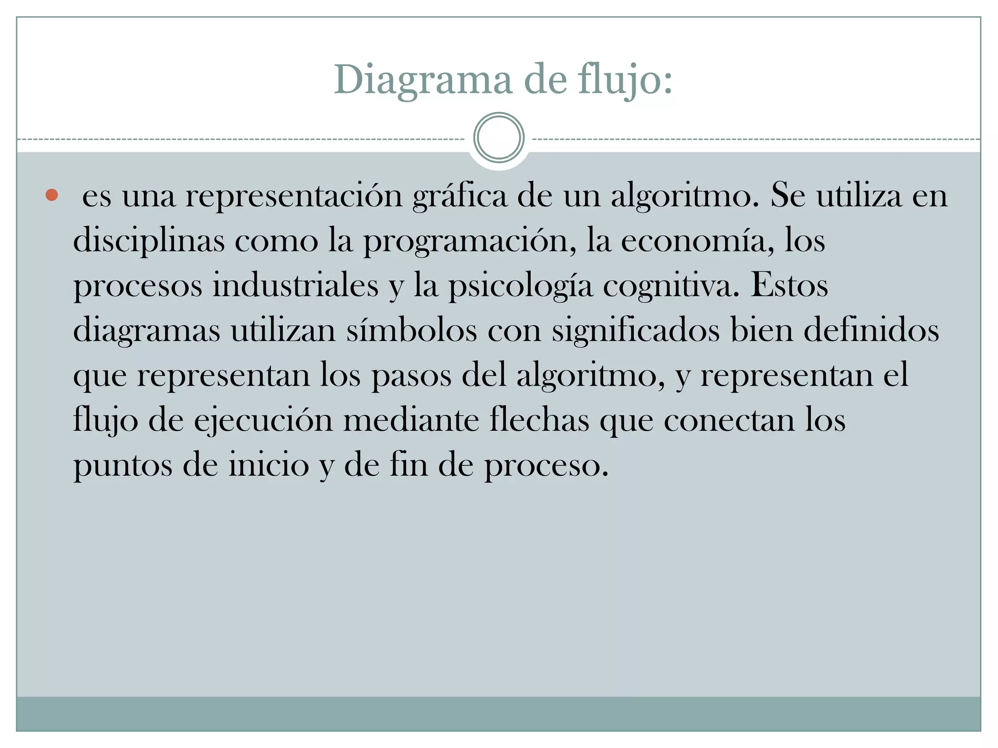 Característica de Diagrama de flujo: es una representación gráfica de un algoritmo. Se utiliza en disciplinas como la programación, la economía, los procesos industriales y la psicología cognitiva. Estos diagramas utilizan símbolos con significados bien definidos que representan los pasos del algoritmo, y representan el flujo de ejecución mediante flechas que conectan los puntos de inicio y de fin de proceso.