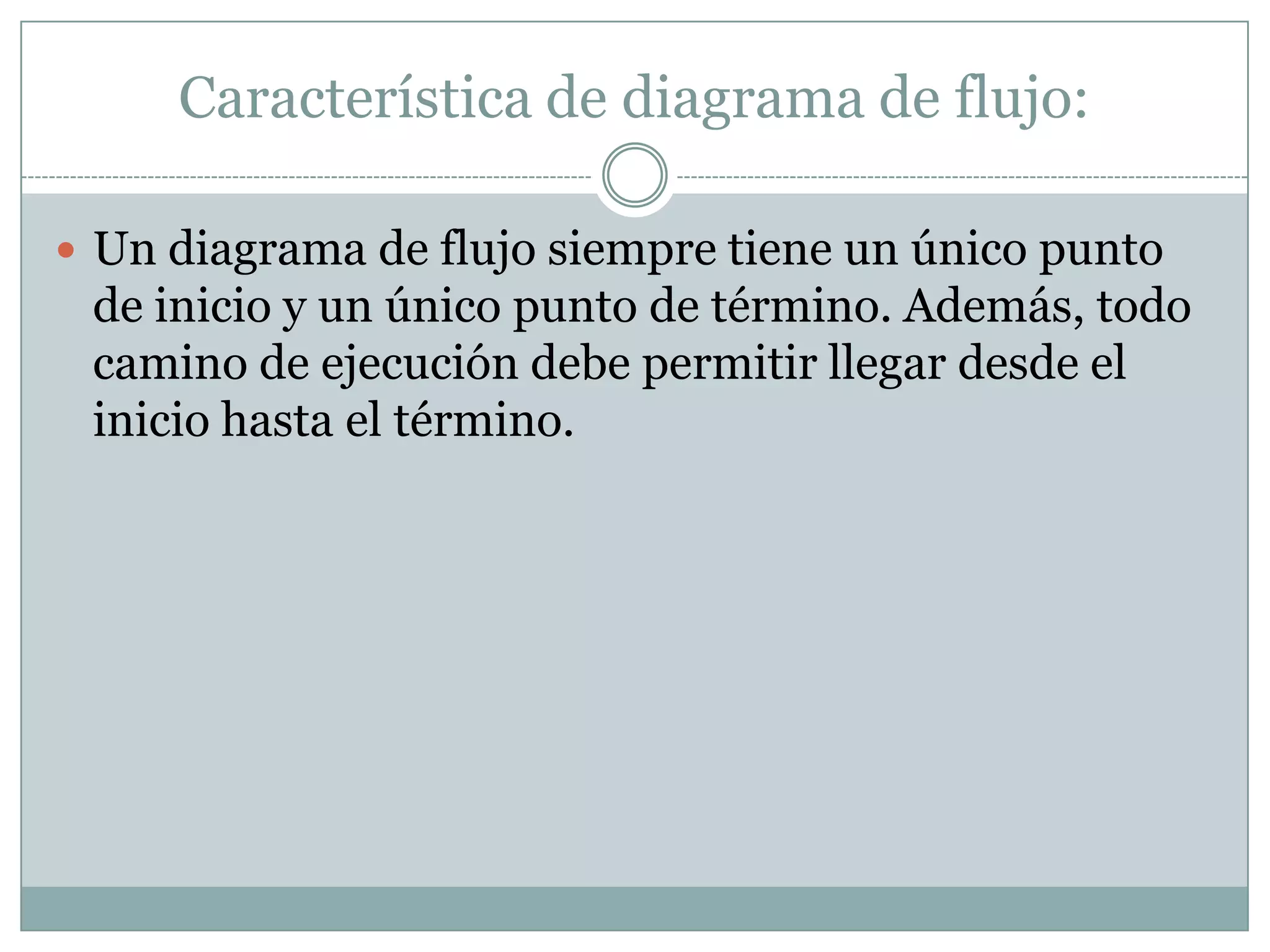 Característica de diagrama de flujo:Un diagrama de flujo siempre tiene un único punto de inicio y un único punto de término. Además, todo camino de ejecución debe permitir llegar desde el inicio hasta el término.