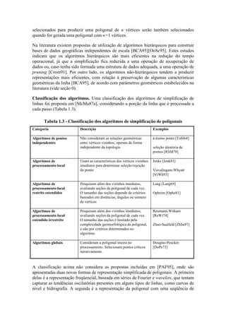 selecionados para produzir uma poligonal de n vértices serão também selecionados
quando for gerada uma poligonal com n+1 vértices.
Na literatura existem propostas de utilização de algoritmos hierárquicos para construir
bases de dados geográficas independentes de escala [BCA95][OoSc95]. Estes estudos
indicam que os algoritmos hierárquicos são mais eficientes na redução do tempo
operacional, já que a simplificação fica reduzida a uma operação de recuperação de
dados ou, caso tenha sido formada uma estrutura de dados adequada, a uma operação de
pruning [Crom91]. Por outro lado, os algoritmos não-hierárquicos tendem a produzir
representações mais eficientes, com relação à preservação de algumas características
geométricas da linha [BCA95], de acordo com parâmetros geométricos estabelecidos na
literatura (vide seção 0).
Classificação dos algoritmos. Uma classificação dos algoritmos de simplificação de
linhas foi proposta em [McMa87a], considerando a porção da linha que é processada a
cada passo (Tabela 1.3).
Tabela 1.3 - Classificação dos algoritmos de simplificação de poligonais
Categoria Descrição Exemplos
Algoritmos de pontos
independentes
Não consideram as relações geométricas
entre vértices vizinhos; operam de forma
independente da topologia
k-ésimo ponto [Tobl64]
seleção aleatória de
pontos [RSM78]
Algoritmos de
processamento local
Usam as características dos vértices vizinhos
imediatos para determinar seleção/rejeição
do ponto
Jenks [Jenk81]
Visvalingam-Whyatt
[ViWh93]
Algoritmos de
processamento local
restrito estendidos
Pesquisam além dos vizinhos imediatos,
avaliando seções da poligonal de cada vez.
O tamanho das seções depende de critérios
baseados em distâncias, ângulos ou número
de vértices
Lang [Lang69]
Opheim [Ophe81]
Algoritmos de
processamento local
estendido irrestrito
Pesquisam além dos vizinhos imediatos,
avaliando seções da poligonal de cada vez.
O tamanho das seções é limitado pela
complexidade geomorfológica da poligonal,
e não por critérios determinados no
algoritmo
Reumann-Witkam
[ReWi74]
Zhao-Saalfeld [ZhSa97]
Algoritmos globais Consideram a poligonal inteira no
processamento. Selecionam pontos críticos
iterativamente.
Douglas-Peucker
[DoPe73]
A classificação acima não considera as propostas incluídas em [PAF95], onde são
apresentadas duas novas formas de representação simplificada de poligonais. A primeira
delas é a representação freqüencial, baseada em séries de Fourier e wavelets, que tentam
capturar as tendências oscilatórias presentes em alguns tipos de linhas, como curvas de
nível e hidrografia. A segunda é a representação da poligonal com uma seqüência de
 