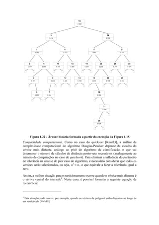 0.354
16
0.267
13
0.256
22
0.894
6
0.177
2
0.070
10
0.078
28
0.247
25
0.750
3
0.213
11
1.094
17
0.514
27
2.705
24
1.614
9
2.632
15
0.371
4
0.224
8
0.250
5
0.094
7
0.224
12
0.100
14
0.238
18
0.108
23
0.062
19
0.044
21
0.028
20
0.054
26
Figura 1.22 - Árvore binária formada a partir do exemplo da Figura 1.15
Complexidade computacional. Como no caso do quicksort [Knut73], a análise da
complexidade computacional do algoritmo Douglas-Peucker depende da escolha do
vértice mais distante, análogo ao pivô do algoritmo de classificação, o que vai
determinar o número de cálculos de distância ponto-reta necessários (analogamente ao
número de comparações no caso do quicksort). Para eliminar a influência do parâmetro
de tolerância na análise do pior caso do algoritmo, é necessário considerar que todos os
vértices serão selecionados, ou seja, ′ =n n , o que equivale a fazer a tolerância igual a
zero.
Assim, a melhor situação para o particionamento ocorre quando o vértice mais distante é
o vértice central do intervalo8
. Neste caso, é possível formular a seguinte equação de
recorrência:
8
Esta situação pode ocorrer, por exemplo, quando os vértices da poligonal estão dispostos ao longo de
um semicírculo [Nick88].
 