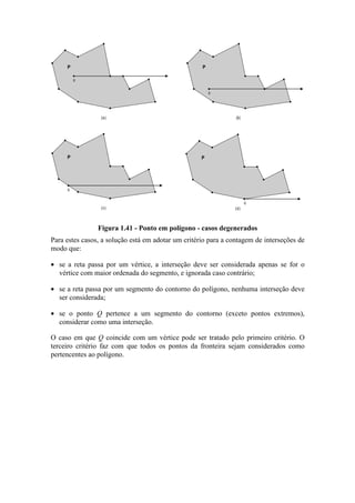 Q
P
(a) (b)
Q
P
Q
P
(c) (d)
Q
P
Figura 1.41 - Ponto em polígono - casos degenerados
Para estes casos, a solução está em adotar um critério para a contagem de interseções de
modo que:
• se a reta passa por um vértice, a interseção deve ser considerada apenas se for o
vértice com maior ordenada do segmento, e ignorada caso contrário;
• se a reta passa por um segmento do contorno do polígono, nenhuma interseção deve
ser considerada;
• se o ponto Q pertence a um segmento do contorno (exceto pontos extremos),
considerar como uma interseção.
O caso em que Q coincide com um vértice pode ser tratado pelo primeiro critério. O
terceiro critério faz com que todos os pontos da fronteira sejam considerados como
pertencentes ao polígono.
 