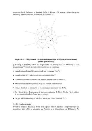 triangulação de Delaunay e denotada D(P). A Figura 1.59 mostra a triangulação de
Delaunay sobre o diagrama de Voronoi da Figura 1.57.
Figura 1.59 - Diagrama de Voronoi (linhas cheias) e triangulação de Delaunay
(linhas pontilhadas)
[ORou94] e [PrSh88] listam as propriedades da triangulação de Delaunay e dos
diagramas de Voronoi. As mais interessantes são as seguintes:
• A cada triângulo de D(P) corresponde um vértice de Vor(P);
• A cada nó de D(P) corresponde um polígono de Vor(P);
• A fronteira de D(P) coincide com o fecho convexo dos locais de P;
• O interior de cada triângulo de D(P) não contém nenhum local;
• V(pi) é ilimitado se e somente se pi pertence ao fecho convexo de P;
• Se v é um vértice do diagrama de Voronoi, na junção de V(p1), V(p2) e V(p3), então v
é o centro do círculo definido por p1, p2 e p3;
• Se pj é o vizinho mais próximo de pi, então pipj é uma aresta de D(P).
1.1.7.3 Implementação
Devido à extensão do código fonte, este capítulo não irá detalhar a implementação de
algoritmos para obter o diagrama de Voronoi e a triangulação de Delaunay. As
 