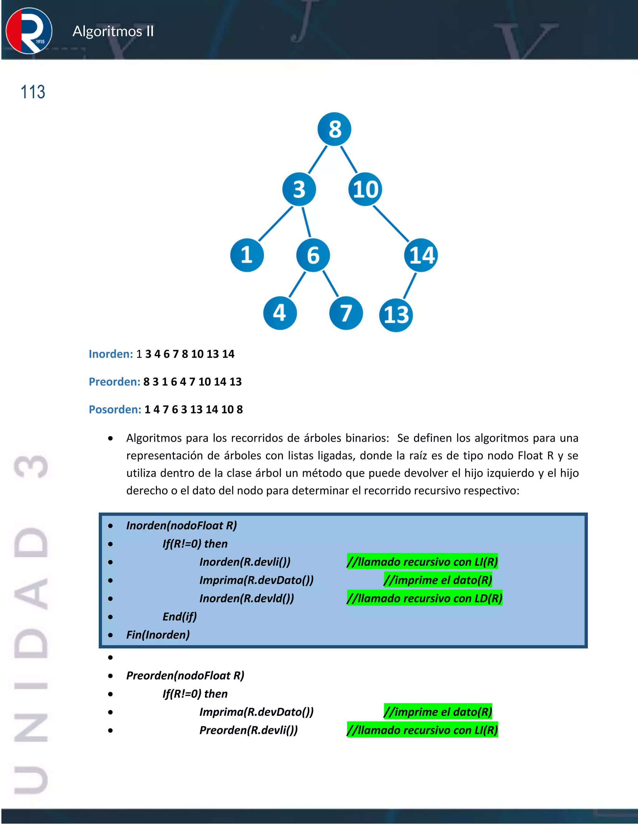 113
Algoritmos II
Inorden: 1 3 4 6 7 8 10 13 14
Preorden: 8 3 1 6 4 7 10 14 13
Posorden: 1 4 7 6 3 13 14 10 8
• Algoritmos para los recorridos de árboles binarios: Se definen los algoritmos para una
representación de árboles con listas ligadas, donde la raíz es de tipo nodo Float R y se
utiliza dentro de la clase árbol un método que puede devolver el hijo izquierdo y el hijo
derecho o el dato del nodo para determinar el recorrido recursivo respectivo:
• Inorden(nodoFloat R)
• If(R!=0) then
• Inorden(R.devli()) //llamado recursivo con LI(R)
• Imprima(R.devDato()) //imprime el dato(R)
• Inorden(R.devld()) //llamado recursivo con LD(R)
• End(if)
• Fin(Inorden)
•
• Preorden(nodoFloat R)
• If(R!=0) then
• Imprima(R.devDato()) //imprime el dato(R)
• Preorden(R.devli()) //llamado recursivo con LI(R)
 
