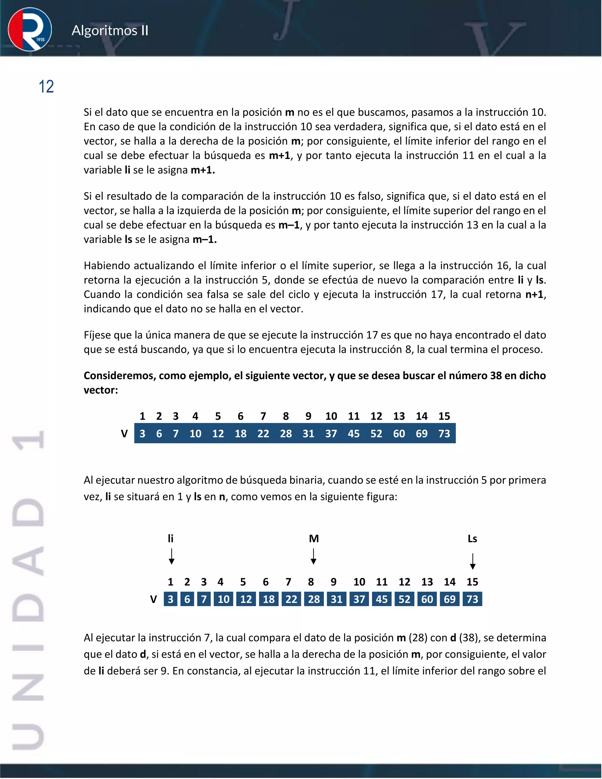 sfs
Algoritmos II
12
Si el dato que se encuentra en la posición m no es el que buscamos, pasamos a la instrucción 10.
En caso de que la condición de la instrucción 10 sea verdadera, significa que, si el dato está en el
vector, se halla a la derecha de la posición m; por consiguiente, el límite inferior del rango en el
cual se debe efectuar la búsqueda es m+1, y por tanto ejecuta la instrucción 11 en el cual a la
variable li se le asigna m+1.
Si el resultado de la comparación de la instrucción 10 es falso, significa que, si el dato está en el
vector, se halla a la izquierda de la posición m; por consiguiente, el límite superior del rango en el
cual se debe efectuar en la búsqueda es m–1, y por tanto ejecuta la instrucción 13 en la cual a la
variable ls se le asigna m–1.
Habiendo actualizando el límite inferior o el límite superior, se llega a la instrucción 16, la cual
retorna la ejecución a la instrucción 5, donde se efectúa de nuevo la comparación entre li y ls.
Cuando la condición sea falsa se sale del ciclo y ejecuta la instrucción 17, la cual retorna n+1,
indicando que el dato no se halla en el vector.
Fíjese que la única manera de que se ejecute la instrucción 17 es que no haya encontrado el dato
que se está buscando, ya que si lo encuentra ejecuta la instrucción 8, la cual termina el proceso.
Consideremos, como ejemplo, el siguiente vector, y que se desea buscar el número 38 en dicho
vector:
1 2 3 4 5 6 7 8 9 10 11 12 13 14 15
V 3 6 7 10 12 18 22 28 31 37 45 52 60 69 73
Al ejecutar nuestro algoritmo de búsqueda binaria, cuando se esté en la instrucción 5 por primera
vez, li se situará en 1 y ls en n, como vemos en la siguiente figura:
Al ejecutar la instrucción 7, la cual compara el dato de la posición m (28) con d (38), se determina
que el dato d, si está en el vector, se halla a la derecha de la posición m, por consiguiente, el valor
de li deberá ser 9. En constancia, al ejecutar la instrucción 11, el límite inferior del rango sobre el
li M Ls
1 2 3 4 5 6 7 8 9 10 11 12 13 14 15
V 3 6 7 10 12 18 22 28 31 37 45 52 60 69 73
 