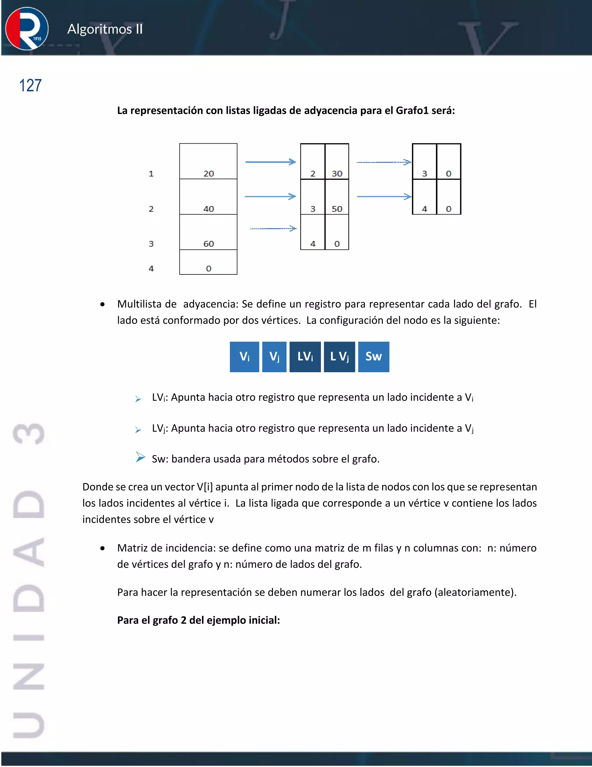 127
Algoritmos II
La representación con listas ligadas de adyacencia para el Grafo1 será:
• Multilista de adyacencia: Se define un registro para representar cada lado del grafo. El
lado está conformado por dos vértices. La configuración del nodo es la siguiente:
Vi Vj LVi L Vj Sw
➢ LVi: Apunta hacia otro registro que representa un lado incidente a Vi
➢ LVj: Apunta hacia otro registro que representa un lado incidente a Vj
➢ Sw: bandera usada para métodos sobre el grafo.
Donde se crea un vector V[i] apunta al primer nodo de la lista de nodos con los que se representan
los lados incidentes al vértice i. La lista ligada que corresponde a un vértice v contiene los lados
incidentes sobre el vértice v
• Matriz de incidencia: se define como una matriz de m filas y n columnas con: n: número
de vértices del grafo y n: número de lados del grafo.
Para hacer la representación se deben numerar los lados del grafo (aleatoriamente).
Para el grafo 2 del ejemplo inicial:
 
