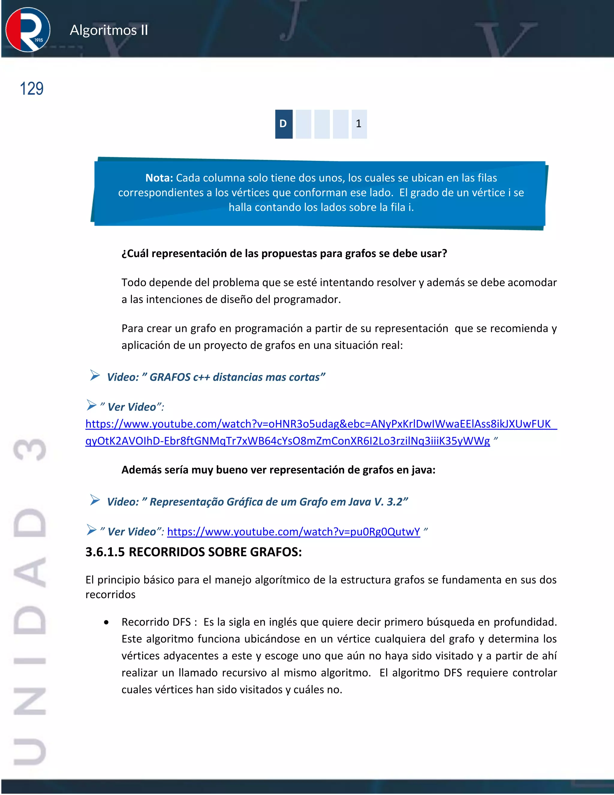 129
Algoritmos II
D 1
¿Cuál representación de las propuestas para grafos se debe usar?
Todo depende del problema que se esté intentando resolver y además se debe acomodar
a las intenciones de diseño del programador.
Para crear un grafo en programación a partir de su representación que se recomienda y
aplicación de un proyecto de grafos en una situación real:
➢ Video: ” GRAFOS c++ distancias mas cortas”
➢” Ver Video”:
https://www.youtube.com/watch?v=oHNR3o5udag&ebc=ANyPxKrlDwIWwaEElAss8ikJXUwFUK_
qyOtK2AVOIhD-Ebr8ftGNMqTr7xWB64cYsO8mZmConXR6I2Lo3rzilNq3iiiK35yWWg ”
Además sería muy bueno ver representación de grafos en java:
➢ Video: ” Representação Gráfica de um Grafo em Java V. 3.2”
➢” Ver Video”: https://www.youtube.com/watch?v=pu0Rg0QutwY ”
3.6.1.5 RECORRIDOS SOBRE GRAFOS:
El principio básico para el manejo algorítmico de la estructura grafos se fundamenta en sus dos
recorridos
• Recorrido DFS : Es la sigla en inglés que quiere decir primero búsqueda en profundidad.
Este algoritmo funciona ubicándose en un vértice cualquiera del grafo y determina los
vértices adyacentes a este y escoge uno que aún no haya sido visitado y a partir de ahí
realizar un llamado recursivo al mismo algoritmo. El algoritmo DFS requiere controlar
cuales vértices han sido visitados y cuáles no.
Nota: Cada columna solo tiene dos unos, los cuales se ubican en las filas
correspondientes a los vértices que conforman ese lado. El grado de un vértice i se
halla contando los lados sobre la fila i.
 