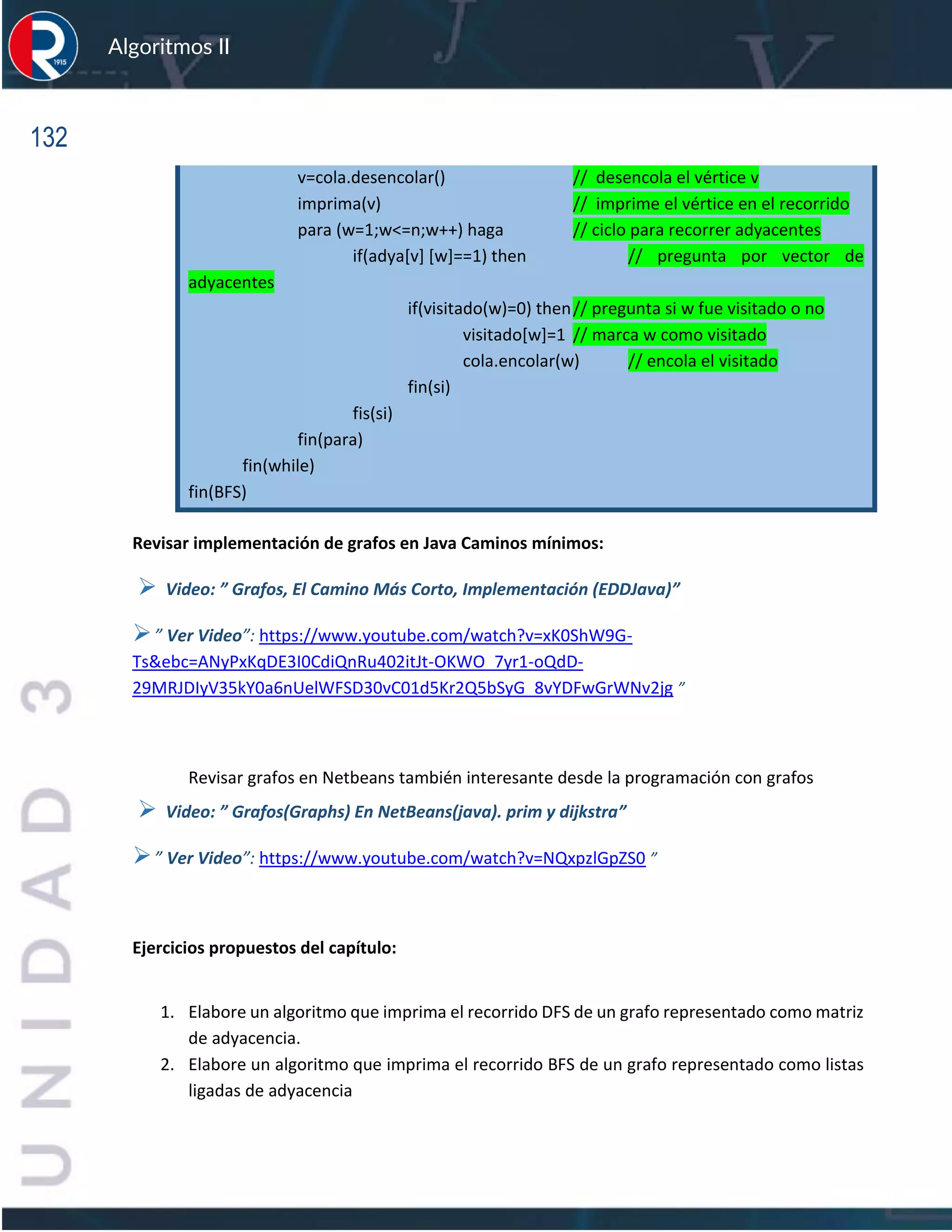 132
Algoritmos II
v=cola.desencolar() // desencola el vértice v
imprima(v) // imprime el vértice en el recorrido
para (w=1;w<=n;w++) haga // ciclo para recorrer adyacentes
if(adya[v] [w]==1) then // pregunta por vector de
adyacentes
if(visitado(w)=0) then// pregunta si w fue visitado o no
visitado[w]=1 // marca w como visitado
cola.encolar(w) // encola el visitado
fin(si)
fis(si)
fin(para)
fin(while)
fin(BFS)
Revisar implementación de grafos en Java Caminos mínimos:
➢ Video: ” Grafos, El Camino Más Corto, Implementación (EDDJava)”
➢” Ver Video”: https://www.youtube.com/watch?v=xK0ShW9G-
Ts&ebc=ANyPxKqDE3I0CdiQnRu402itJt-OKWO_7yr1-oQdD-
29MRJDIyV35kY0a6nUelWFSD30vC01d5Kr2Q5bSyG_8vYDFwGrWNv2jg ”
Revisar grafos en Netbeans también interesante desde la programación con grafos
➢ Video: ” Grafos(Graphs) En NetBeans(java). prim y dijkstra”
➢” Ver Video”: https://www.youtube.com/watch?v=NQxpzlGpZS0 ”
Ejercicios propuestos del capítulo:
1. Elabore un algoritmo que imprima el recorrido DFS de un grafo representado como matriz
de adyacencia.
2. Elabore un algoritmo que imprima el recorrido BFS de un grafo representado como listas
ligadas de adyacencia
 
