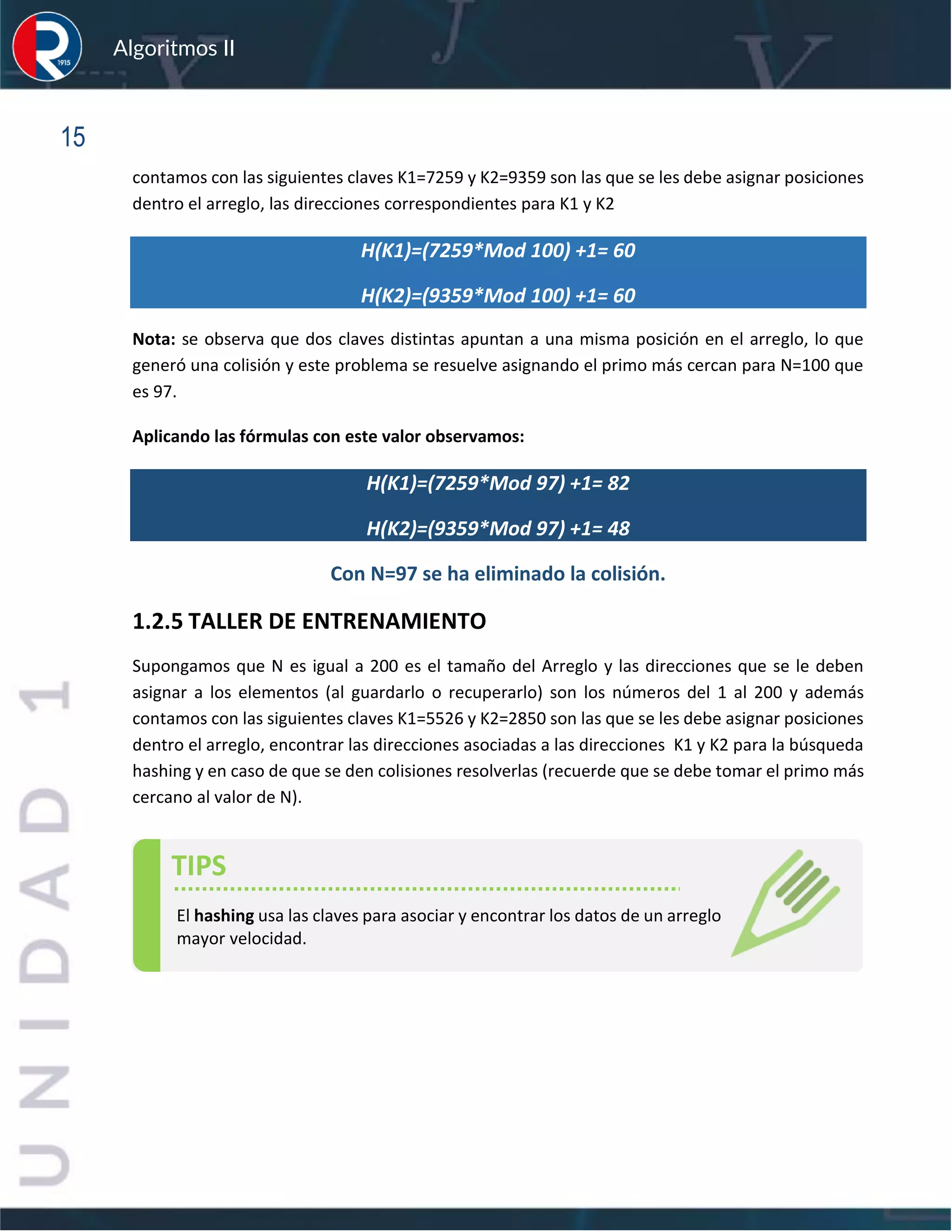 sfs
Algoritmos II
15
contamos con las siguientes claves K1=7259 y K2=9359 son las que se les debe asignar posiciones
dentro el arreglo, las direcciones correspondientes para K1 y K2
H(K1)=(7259*Mod 100) +1= 60
H(K2)=(9359*Mod 100) +1= 60
Nota: se observa que dos claves distintas apuntan a una misma posición en el arreglo, lo que
generó una colisión y este problema se resuelve asignando el primo más cercan para N=100 que
es 97.
Aplicando las fórmulas con este valor observamos:
H(K1)=(7259*Mod 97) +1= 82
H(K2)=(9359*Mod 97) +1= 48
Con N=97 se ha eliminado la colisión.
1.2.5 TALLER DE ENTRENAMIENTO
Supongamos que N es igual a 200 es el tamaño del Arreglo y las direcciones que se le deben
asignar a los elementos (al guardarlo o recuperarlo) son los números del 1 al 200 y además
contamos con las siguientes claves K1=5526 y K2=2850 son las que se les debe asignar posiciones
dentro el arreglo, encontrar las direcciones asociadas a las direcciones K1 y K2 para la búsqueda
hashing y en caso de que se den colisiones resolverlas (recuerde que se debe tomar el primo más
cercano al valor de N).
TIPS
El hashing usa las claves para asociar y encontrar los datos de un arreglo
mayor velocidad.
 