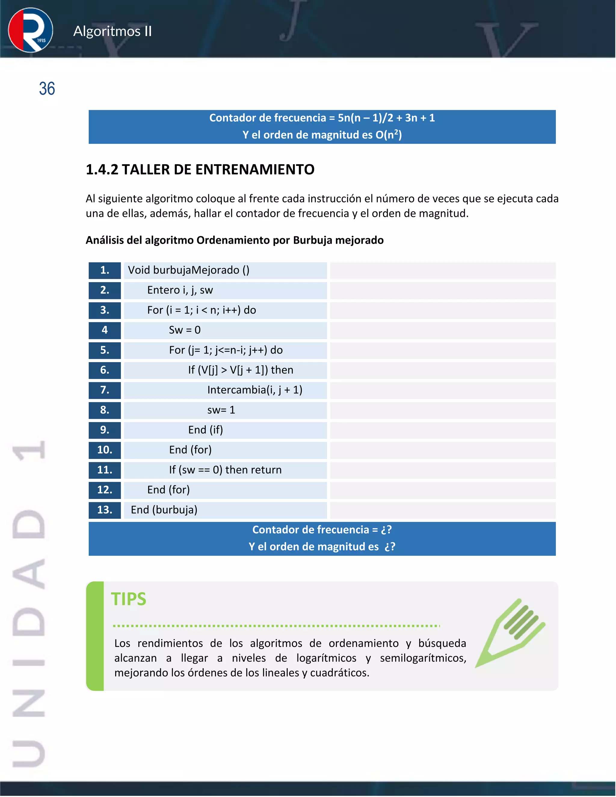 sfs
Algoritmos II
36
Contador de frecuencia = 5n(n – 1)/2 + 3n + 1
Y el orden de magnitud es O(n2)
1.4.2 TALLER DE ENTRENAMIENTO
Al siguiente algoritmo coloque al frente cada instrucción el número de veces que se ejecuta cada
una de ellas, además, hallar el contador de frecuencia y el orden de magnitud.
Análisis del algoritmo Ordenamiento por Burbuja mejorado
1. Void burbujaMejorado ()
2. Entero i, j, sw
3. For (i = 1; i < n; i++) do
4 Sw = 0
5. For (j= 1; j<=n-i; j++) do
6. If (V[j] > V[j + 1]) then
7. Intercambia(i, j + 1)
8. sw= 1
9. End (if)
10. End (for)
11. If (sw == 0) then return
12. End (for)
13. End (burbuja)
Contador de frecuencia = ¿?
Y el orden de magnitud es ¿?
TIPS
Los rendimientos de los algoritmos de ordenamiento y búsqueda
alcanzan a llegar a niveles de logarítmicos y semilogarítmicos,
mejorando los órdenes de los lineales y cuadráticos.
 