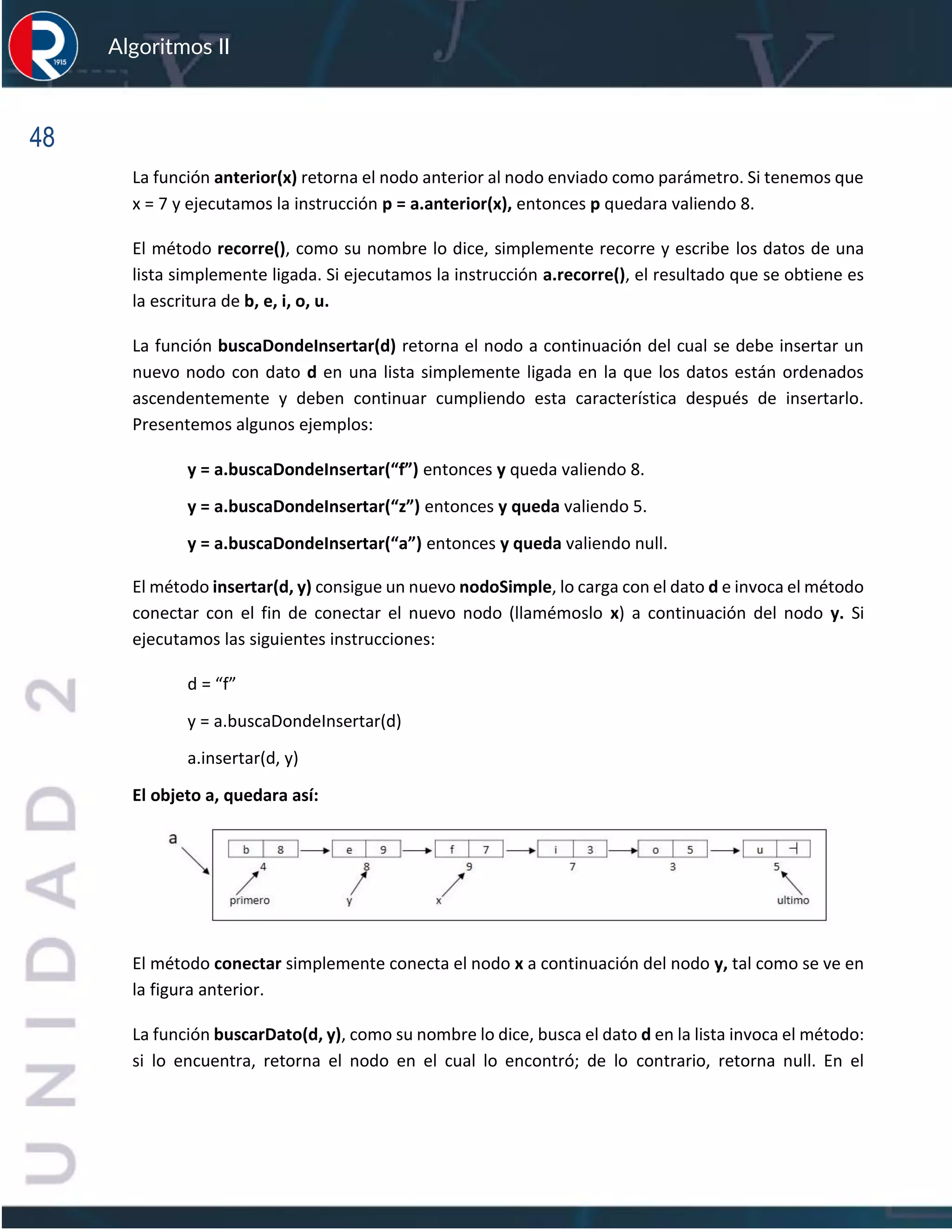 48
Algoritmos II
La función anterior(x) retorna el nodo anterior al nodo enviado como parámetro. Si tenemos que
x = 7 y ejecutamos la instrucción p = a.anterior(x), entonces p quedara valiendo 8.
El método recorre(), como su nombre lo dice, simplemente recorre y escribe los datos de una
lista simplemente ligada. Si ejecutamos la instrucción a.recorre(), el resultado que se obtiene es
la escritura de b, e, i, o, u.
La función buscaDondeInsertar(d) retorna el nodo a continuación del cual se debe insertar un
nuevo nodo con dato d en una lista simplemente ligada en la que los datos están ordenados
ascendentemente y deben continuar cumpliendo esta característica después de insertarlo.
Presentemos algunos ejemplos:
y = a.buscaDondeInsertar(“f”) entonces y queda valiendo 8.
y = a.buscaDondeInsertar(“z”) entonces y queda valiendo 5.
y = a.buscaDondeInsertar(“a”) entonces y queda valiendo null.
El método insertar(d, y) consigue un nuevo nodoSimple, lo carga con el dato d e invoca el método
conectar con el fin de conectar el nuevo nodo (llamémoslo x) a continuación del nodo y. Si
ejecutamos las siguientes instrucciones:
d = “f”
y = a.buscaDondeInsertar(d)
a.insertar(d, y)
El objeto a, quedara así:
El método conectar simplemente conecta el nodo x a continuación del nodo y, tal como se ve en
la figura anterior.
La función buscarDato(d, y), como su nombre lo dice, busca el dato d en la lista invoca el método:
si lo encuentra, retorna el nodo en el cual lo encontró; de lo contrario, retorna null. En el
 