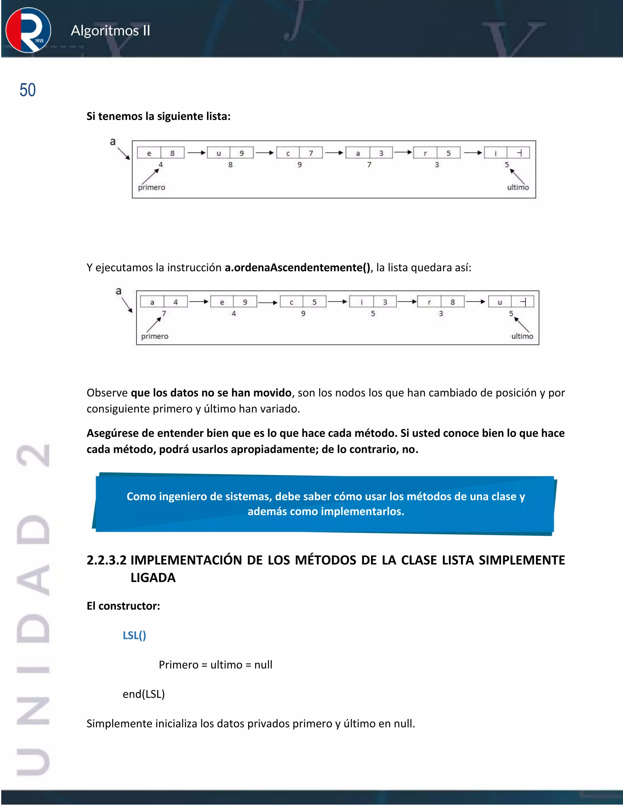 50
Algoritmos II
Si tenemos la siguiente lista:
Y ejecutamos la instrucción a.ordenaAscendentemente(), la lista quedara así:
Observe que los datos no se han movido, son los nodos los que han cambiado de posición y por
consiguiente primero y último han variado.
Asegúrese de entender bien que es lo que hace cada método. Si usted conoce bien lo que hace
cada método, podrá usarlos apropiadamente; de lo contrario, no.
2.2.3.2 IMPLEMENTACIÓN DE LOS MÉTODOS DE LA CLASE LISTA SIMPLEMENTE
LIGADA
El constructor:
LSL()
Primero = ultimo = null
end(LSL)
Simplemente inicializa los datos privados primero y último en null.
Como ingeniero de sistemas, debe saber cómo usar los métodos de una clase y
además como implementarlos.
 