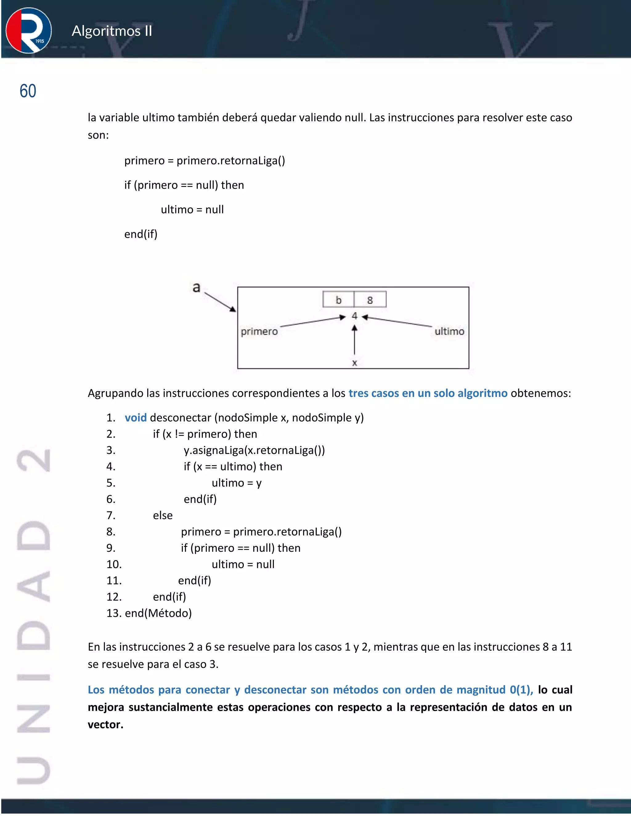 60
Algoritmos II
la variable ultimo también deberá quedar valiendo null. Las instrucciones para resolver este caso
son:
primero = primero.retornaLiga()
if (primero == null) then
ultimo = null
end(if)
Agrupando las instrucciones correspondientes a los tres casos en un solo algoritmo obtenemos:
1. void desconectar (nodoSimple x, nodoSimple y)
2. if (x != primero) then
3. y.asignaLiga(x.retornaLiga())
4. if (x == ultimo) then
5. ultimo = y
6. end(if)
7. else
8. primero = primero.retornaLiga()
9. if (primero == null) then
10. ultimo = null
11. end(if)
12. end(if)
13. end(Método)
En las instrucciones 2 a 6 se resuelve para los casos 1 y 2, mientras que en las instrucciones 8 a 11
se resuelve para el caso 3.
Los métodos para conectar y desconectar son métodos con orden de magnitud 0(1), lo cual
mejora sustancialmente estas operaciones con respecto a la representación de datos en un
vector.
 