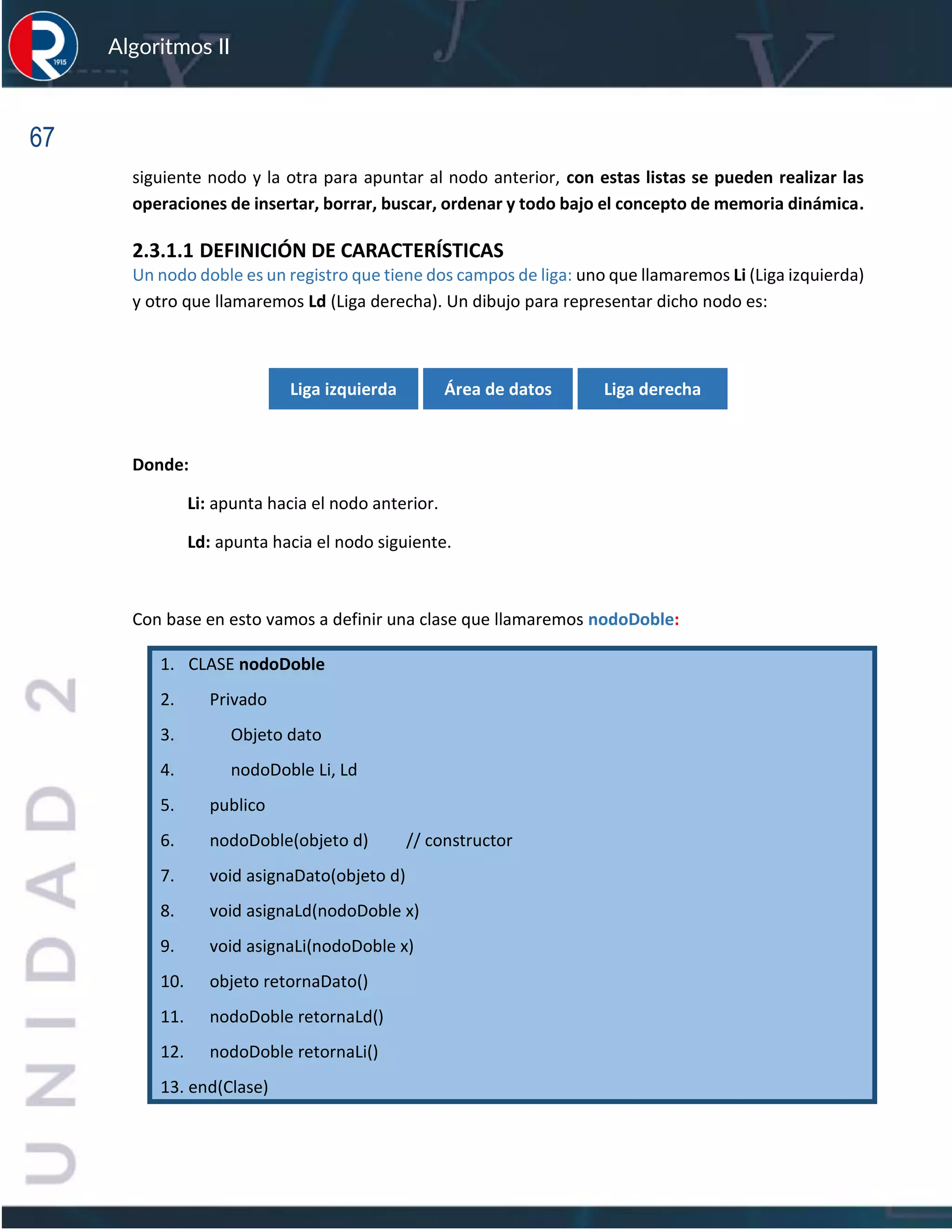 67
Algoritmos II
siguiente nodo y la otra para apuntar al nodo anterior, con estas listas se pueden realizar las
operaciones de insertar, borrar, buscar, ordenar y todo bajo el concepto de memoria dinámica.
2.3.1.1 DEFINICIÓN DE CARACTERÍSTICAS
Un nodo doble es un registro que tiene dos campos de liga: uno que llamaremos Li (Liga izquierda)
y otro que llamaremos Ld (Liga derecha). Un dibujo para representar dicho nodo es:
Liga izquierda Área de datos Liga derecha
Donde:
Li: apunta hacia el nodo anterior.
Ld: apunta hacia el nodo siguiente.
Con base en esto vamos a definir una clase que llamaremos nodoDoble:
1. CLASE nodoDoble
2. Privado
3. Objeto dato
4. nodoDoble Li, Ld
5. publico
6. nodoDoble(objeto d) // constructor
7. void asignaDato(objeto d)
8. void asignaLd(nodoDoble x)
9. void asignaLi(nodoDoble x)
10. objeto retornaDato()
11. nodoDoble retornaLd()
12. nodoDoble retornaLi()
13. end(Clase)
 