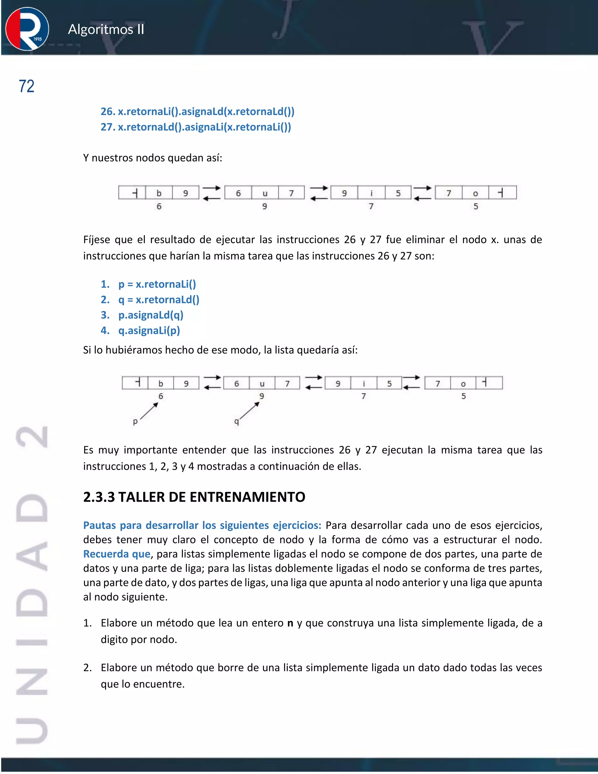 72
Algoritmos II
26. x.retornaLi().asignaLd(x.retornaLd())
27. x.retornaLd().asignaLi(x.retornaLi())
Y nuestros nodos quedan así:
Fíjese que el resultado de ejecutar las instrucciones 26 y 27 fue eliminar el nodo x. unas de
instrucciones que harían la misma tarea que las instrucciones 26 y 27 son:
1. p = x.retornaLi()
2. q = x.retornaLd()
3. p.asignaLd(q)
4. q.asignaLi(p)
Si lo hubiéramos hecho de ese modo, la lista quedaría así:
Es muy importante entender que las instrucciones 26 y 27 ejecutan la misma tarea que las
instrucciones 1, 2, 3 y 4 mostradas a continuación de ellas.
2.3.3 TALLER DE ENTRENAMIENTO
Pautas para desarrollar los siguientes ejercicios: Para desarrollar cada uno de esos ejercicios,
debes tener muy claro el concepto de nodo y la forma de cómo vas a estructurar el nodo.
Recuerda que, para listas simplemente ligadas el nodo se compone de dos partes, una parte de
datos y una parte de liga; para las listas doblemente ligadas el nodo se conforma de tres partes,
una parte de dato, y dos partes de ligas, una liga que apunta al nodo anterior y una liga que apunta
al nodo siguiente.
1. Elabore un método que lea un entero n y que construya una lista simplemente ligada, de a
digito por nodo.
2. Elabore un método que borre de una lista simplemente ligada un dato dado todas las veces
que lo encuentre.
 