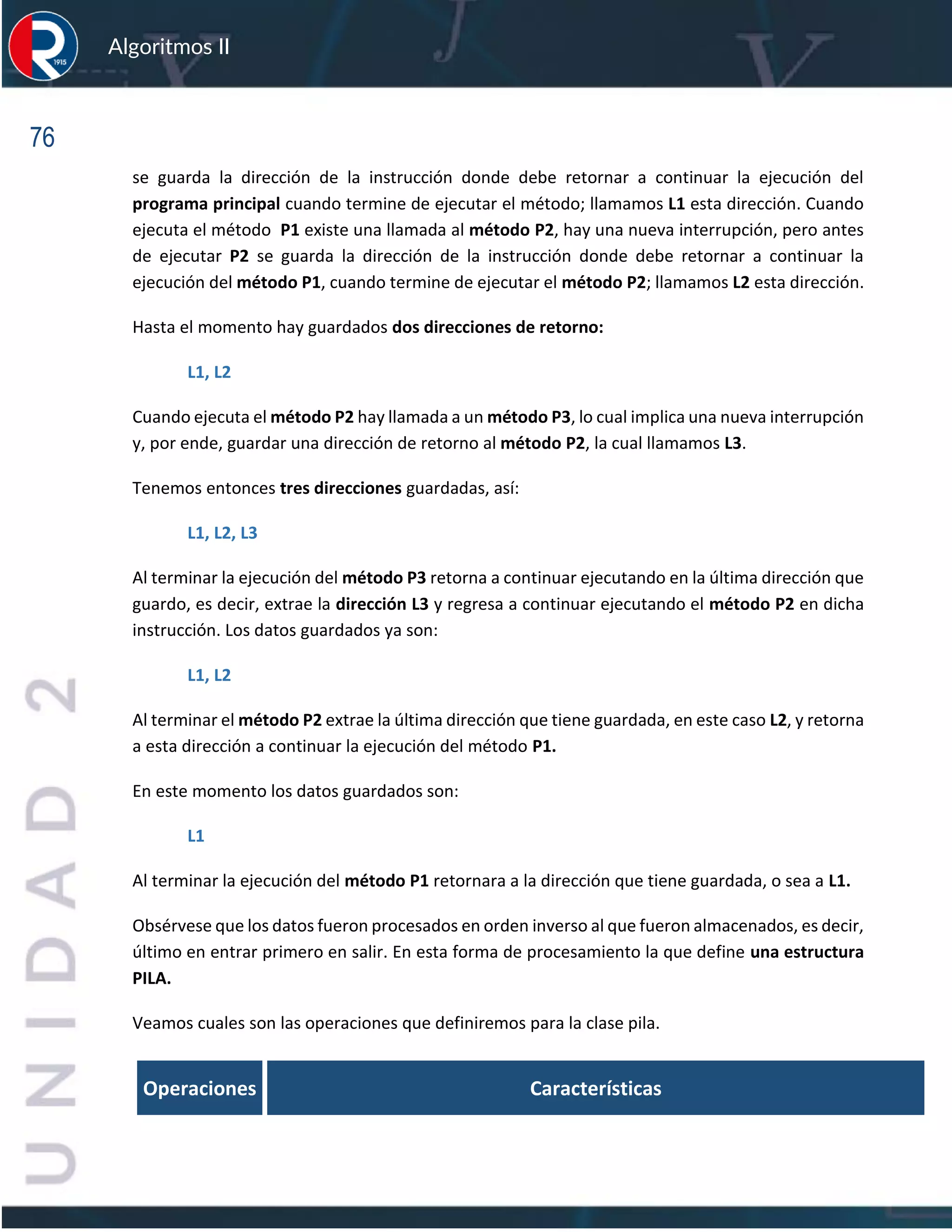 76
Algoritmos II
se guarda la dirección de la instrucción donde debe retornar a continuar la ejecución del
programa principal cuando termine de ejecutar el método; llamamos L1 esta dirección. Cuando
ejecuta el método P1 existe una llamada al método P2, hay una nueva interrupción, pero antes
de ejecutar P2 se guarda la dirección de la instrucción donde debe retornar a continuar la
ejecución del método P1, cuando termine de ejecutar el método P2; llamamos L2 esta dirección.
Hasta el momento hay guardados dos direcciones de retorno:
L1, L2
Cuando ejecuta el método P2 hay llamada a un método P3, lo cual implica una nueva interrupción
y, por ende, guardar una dirección de retorno al método P2, la cual llamamos L3.
Tenemos entonces tres direcciones guardadas, así:
L1, L2, L3
Al terminar la ejecución del método P3 retorna a continuar ejecutando en la última dirección que
guardo, es decir, extrae la dirección L3 y regresa a continuar ejecutando el método P2 en dicha
instrucción. Los datos guardados ya son:
L1, L2
Al terminar el método P2 extrae la última dirección que tiene guardada, en este caso L2, y retorna
a esta dirección a continuar la ejecución del método P1.
En este momento los datos guardados son:
L1
Al terminar la ejecución del método P1 retornara a la dirección que tiene guardada, o sea a L1.
Obsérvese que los datos fueron procesados en orden inverso al que fueron almacenados, es decir,
último en entrar primero en salir. En esta forma de procesamiento la que define una estructura
PILA.
Veamos cuales son las operaciones que definiremos para la clase pila.
Operaciones Características
 