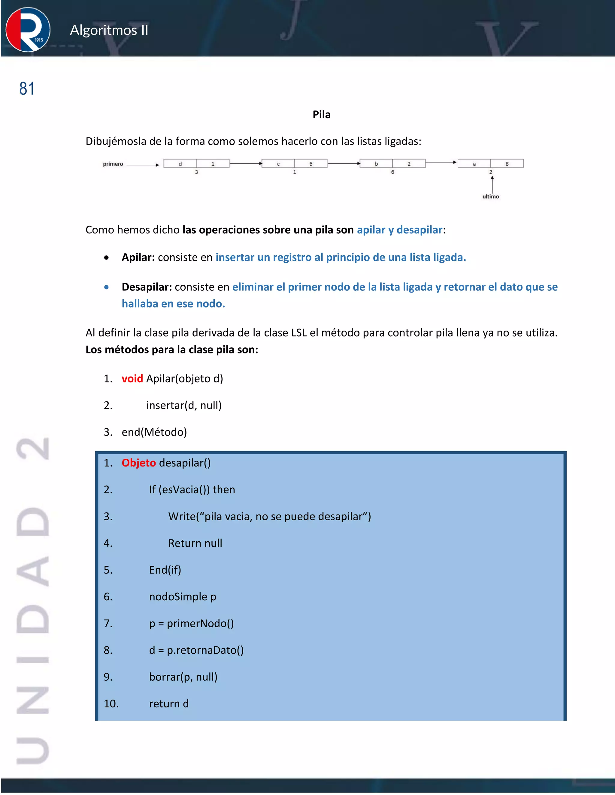 81
Algoritmos II
Pila
Dibujémosla de la forma como solemos hacerlo con las listas ligadas:
Como hemos dicho las operaciones sobre una pila son apilar y desapilar:
• Apilar: consiste en insertar un registro al principio de una lista ligada.
• Desapilar: consiste en eliminar el primer nodo de la lista ligada y retornar el dato que se
hallaba en ese nodo.
Al definir la clase pila derivada de la clase LSL el método para controlar pila llena ya no se utiliza.
Los métodos para la clase pila son:
1. void Apilar(objeto d)
2. insertar(d, null)
3. end(Método)
1. Objeto desapilar()
2. If (esVacia()) then
3. Write(“pila vacia, no se puede desapilar”)
4. Return null
5. End(if)
6. nodoSimple p
7. p = primerNodo()
8. d = p.retornaDato()
9. borrar(p, null)
10. return d
 