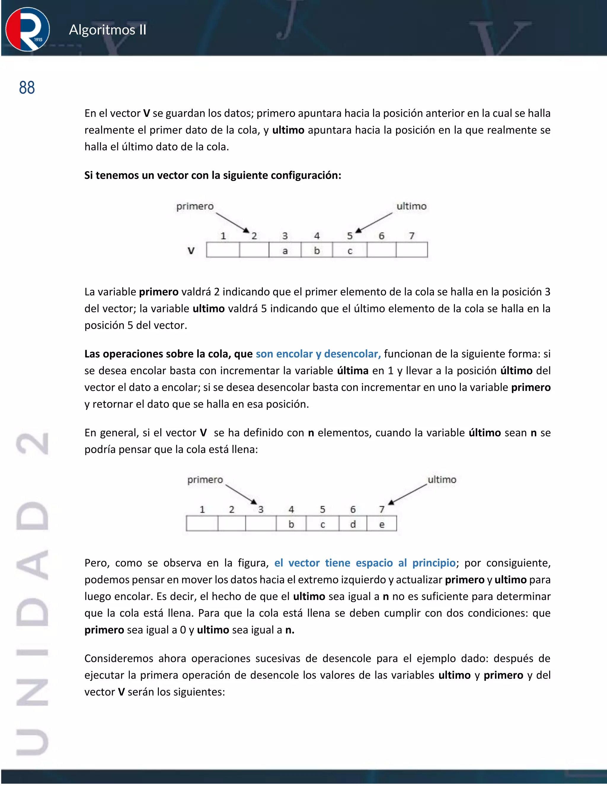 88
Algoritmos II
En el vector V se guardan los datos; primero apuntara hacia la posición anterior en la cual se halla
realmente el primer dato de la cola, y ultimo apuntara hacia la posición en la que realmente se
halla el último dato de la cola.
Si tenemos un vector con la siguiente configuración:
La variable primero valdrá 2 indicando que el primer elemento de la cola se halla en la posición 3
del vector; la variable ultimo valdrá 5 indicando que el último elemento de la cola se halla en la
posición 5 del vector.
Las operaciones sobre la cola, que son encolar y desencolar, funcionan de la siguiente forma: si
se desea encolar basta con incrementar la variable última en 1 y llevar a la posición último del
vector el dato a encolar; si se desea desencolar basta con incrementar en uno la variable primero
y retornar el dato que se halla en esa posición.
En general, si el vector V se ha definido con n elementos, cuando la variable último sean n se
podría pensar que la cola está llena:
Pero, como se observa en la figura, el vector tiene espacio al principio; por consiguiente,
podemos pensar en mover los datos hacia el extremo izquierdo y actualizar primero y ultimo para
luego encolar. Es decir, el hecho de que el ultimo sea igual a n no es suficiente para determinar
que la cola está llena. Para que la cola está llena se deben cumplir con dos condiciones: que
primero sea igual a 0 y ultimo sea igual a n.
Consideremos ahora operaciones sucesivas de desencole para el ejemplo dado: después de
ejecutar la primera operación de desencole los valores de las variables ultimo y primero y del
vector V serán los siguientes:
 
